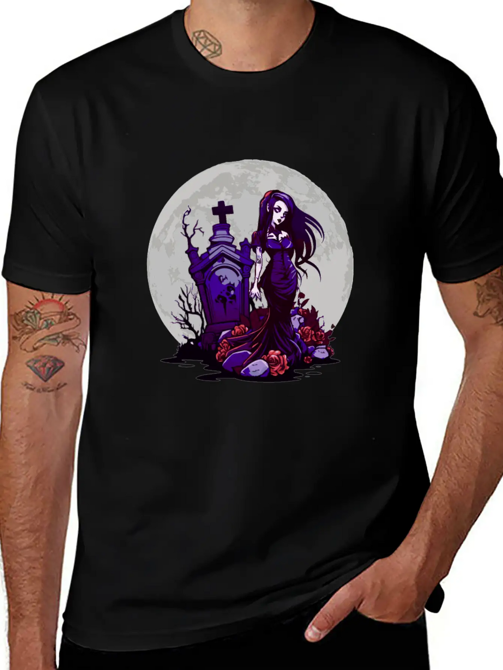 Goth Pin Up Girl Standing Next To A Grave - Goth Essential Cotton Tee For Daily Outfits – Unisex Style