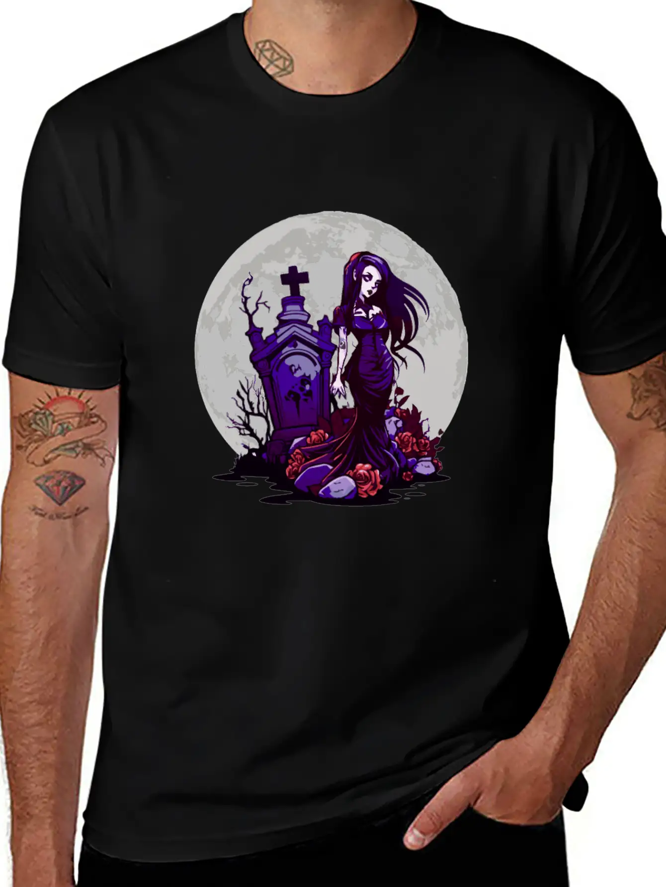Goth Pin Up Girl Standing Next To A Grave - Goth Essential Cotton Tee For Daily Outfits – Unisex Style