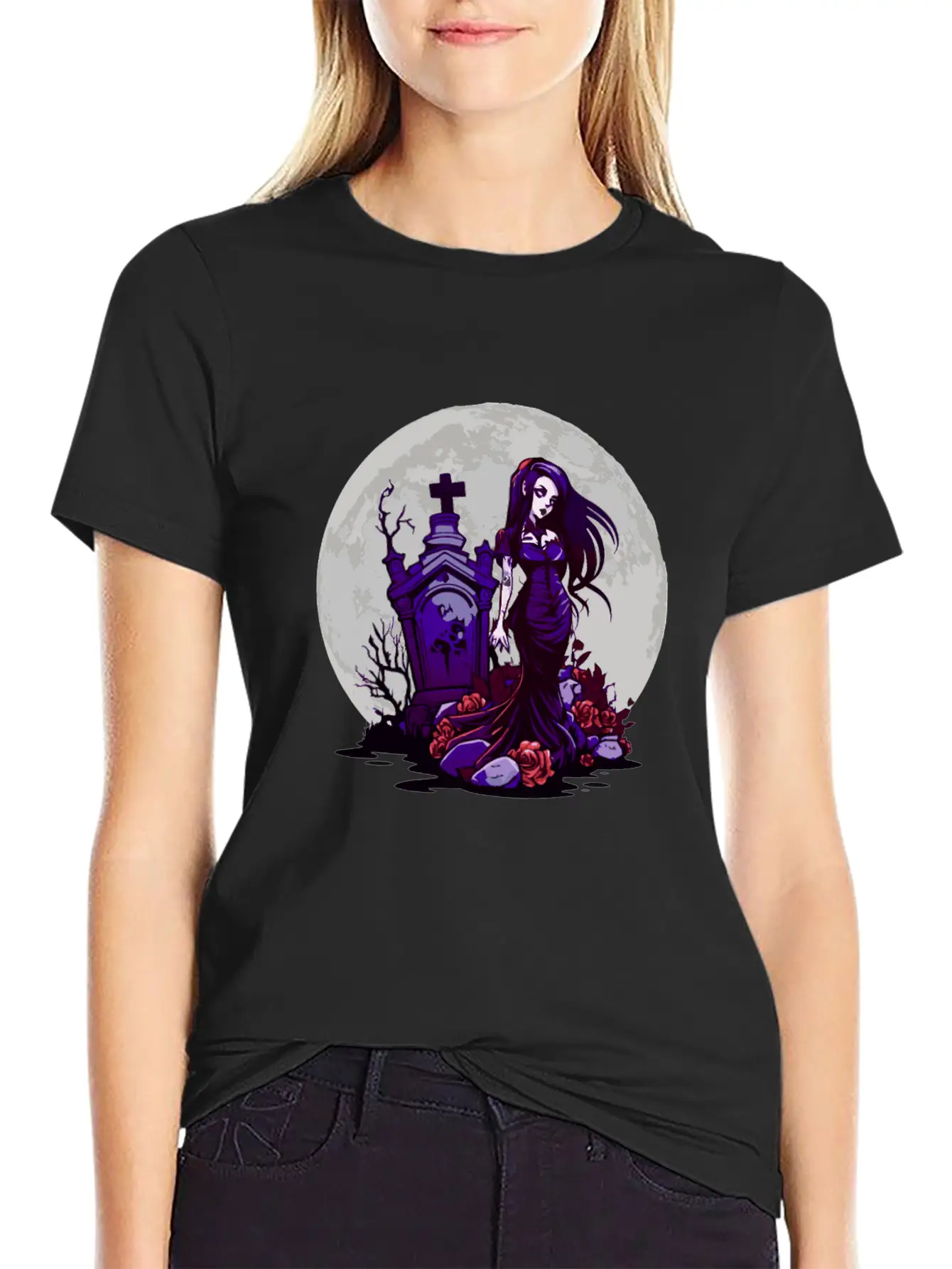 Goth Pin Up Girl Standing Next To A Grave - Goth Essential Cotton Tee For Daily Outfits – Unisex Style