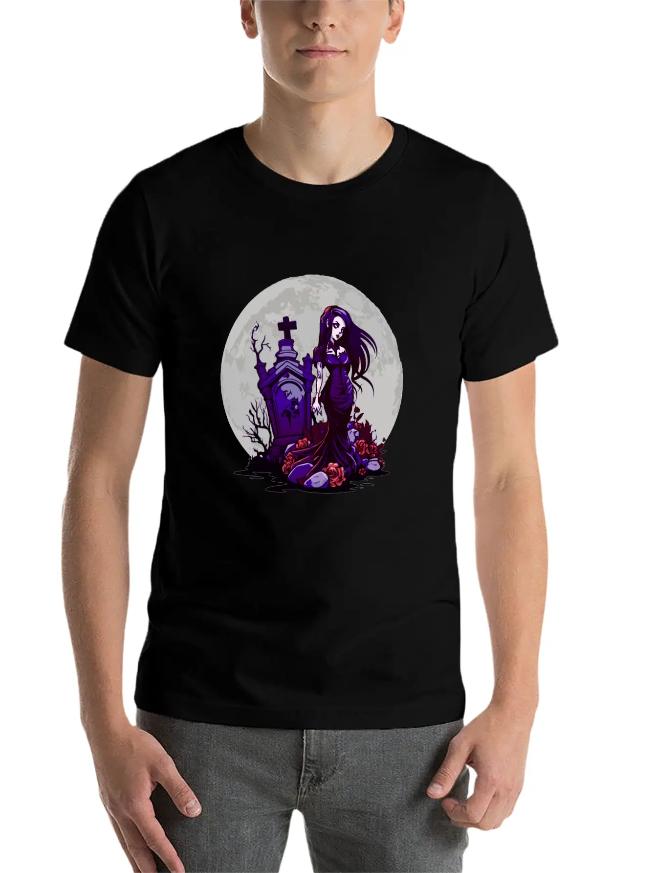 Goth Pin Up Girl Standing Next To A Grave - Goth Essential Cotton Tee For Daily Outfits – Unisex Style