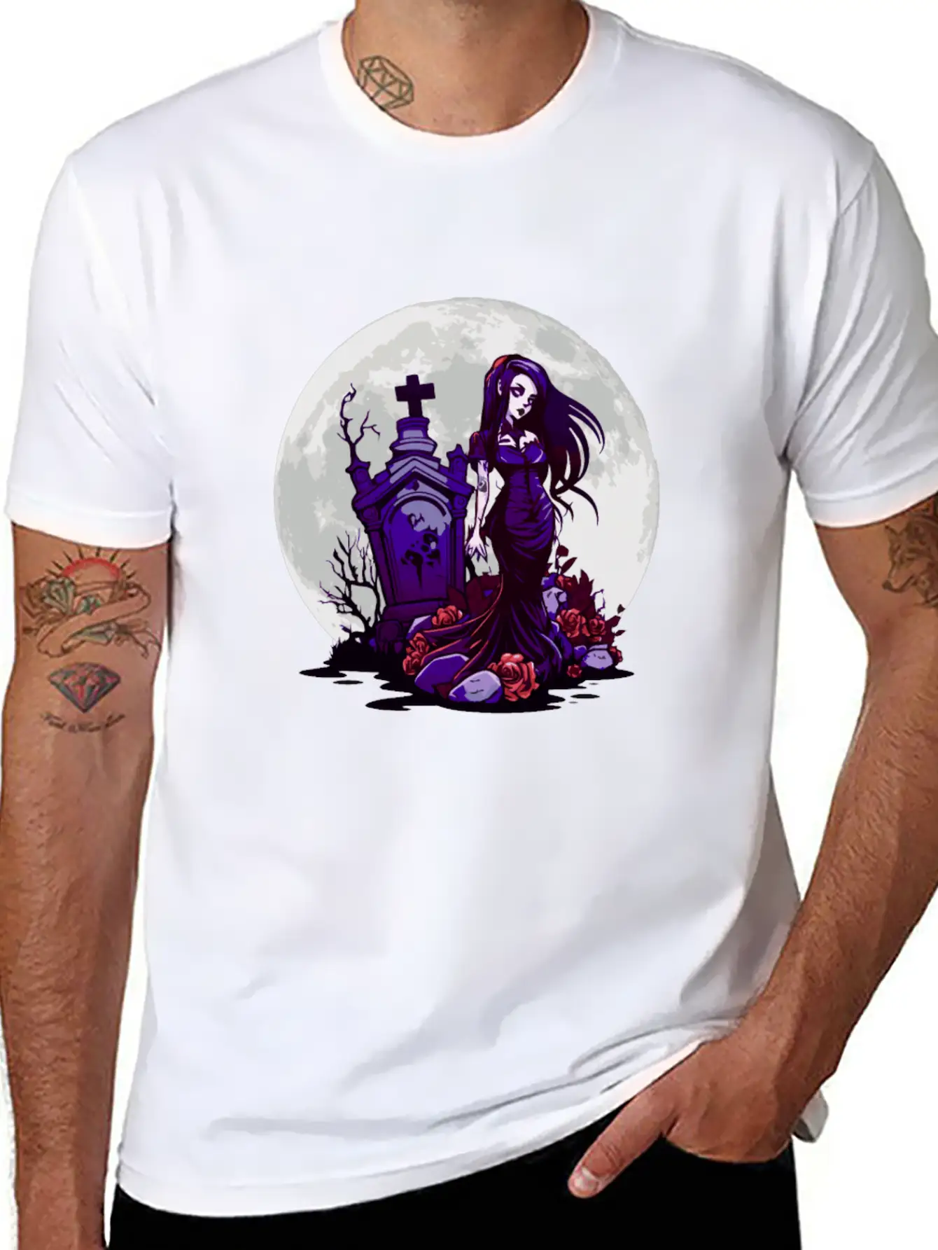 Goth Pin Up Girl Standing Next To A Grave - Goth Essential Cotton Tee For Daily Outfits – Unisex Style