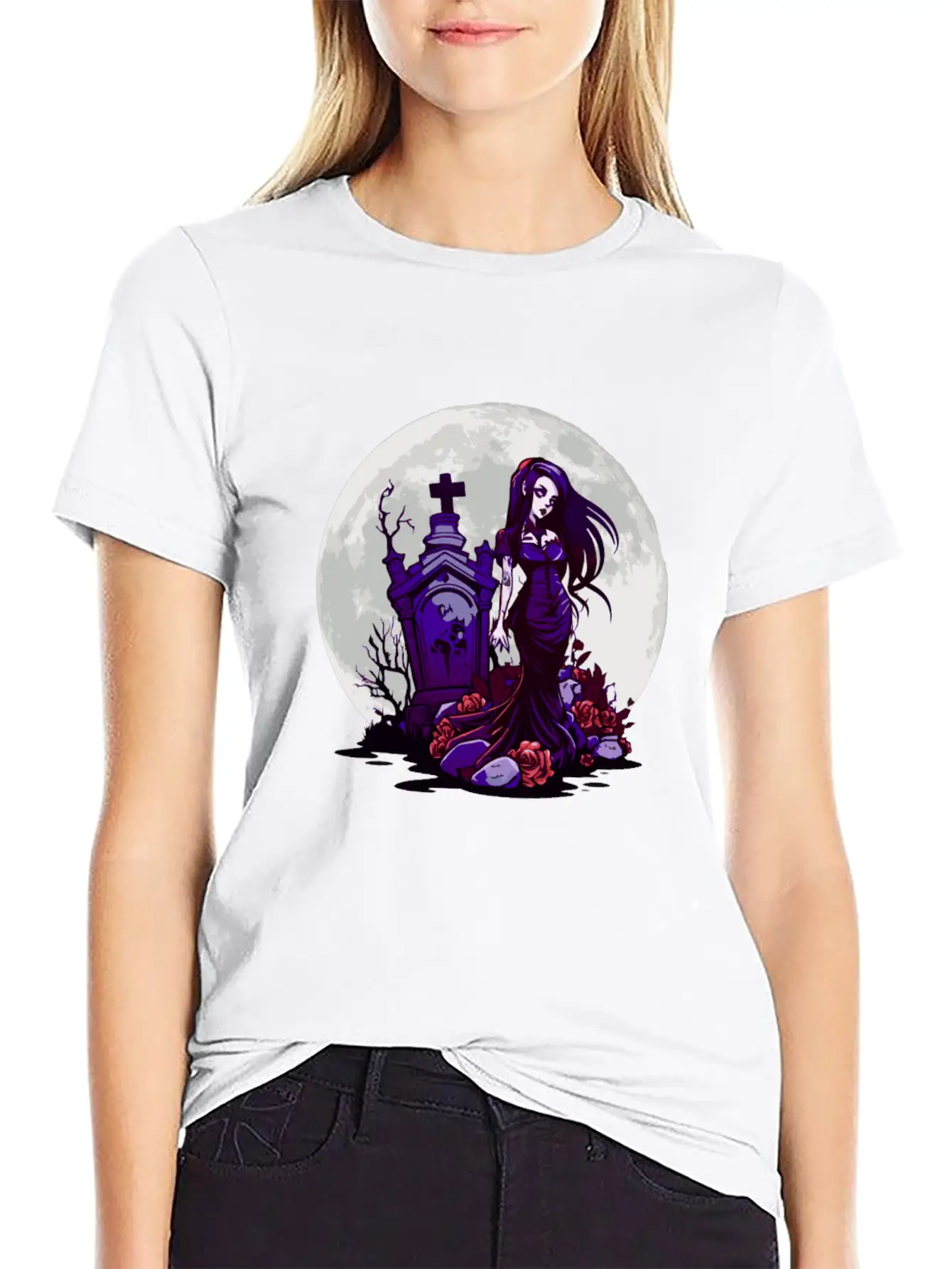 Goth Pin Up Girl Standing Next To A Grave - Goth Essential Cotton Tee For Daily Outfits – Unisex Style