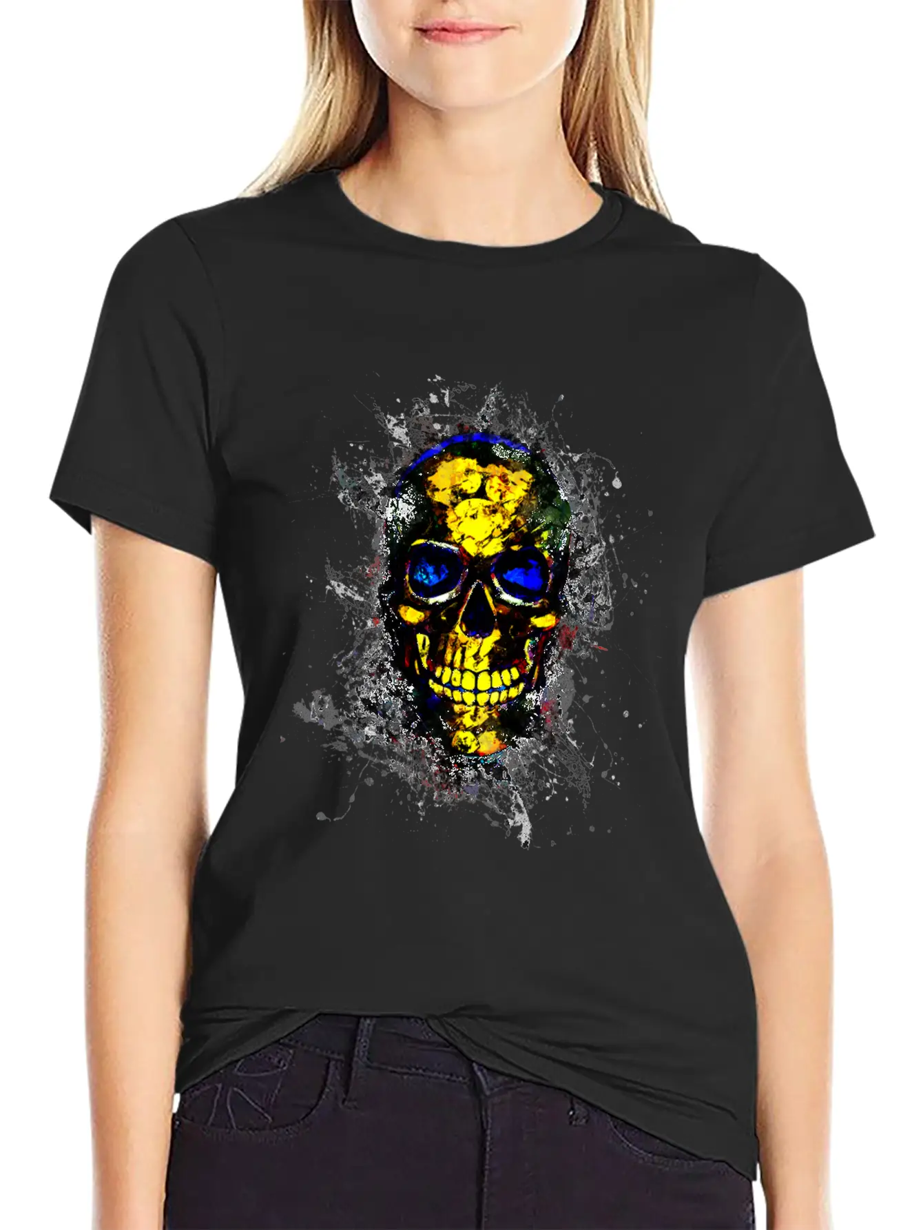 Gothic Skull Death Paint Splatter Art Breathable Soft Cotton T-Shirt – Timeless Casual Look