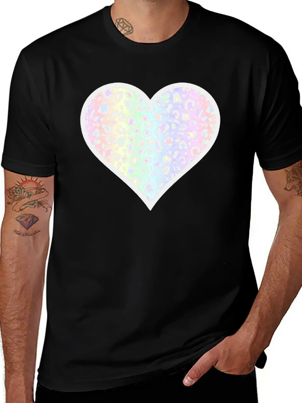 Gray And Pastel Leopard Print Heart Design Timeless Short Sleeve Tee – Comfy And Minimalist Design