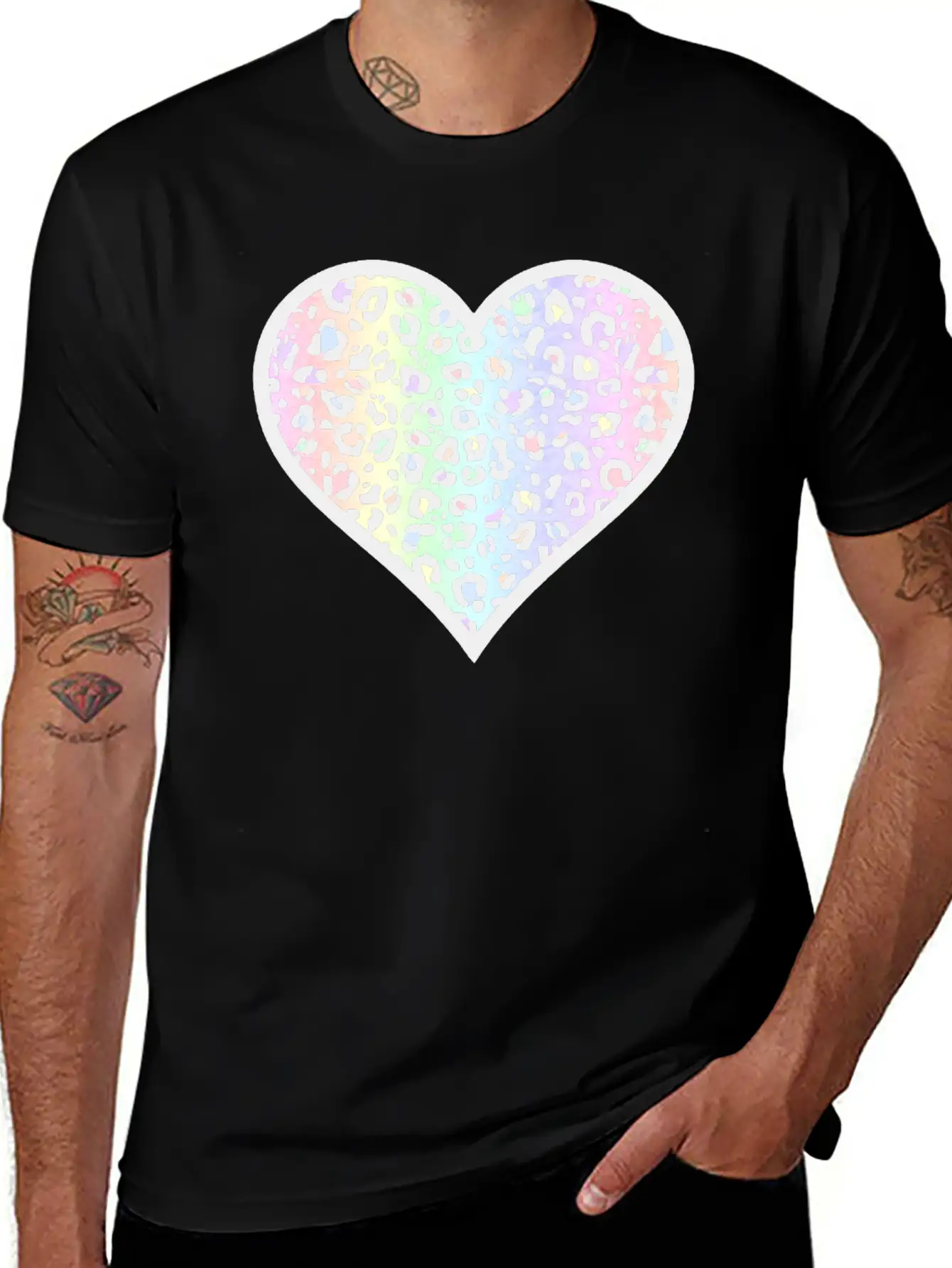 Gray And Pastel Leopard Print Heart Design Timeless Short Sleeve Tee – Comfy And Minimalist Design