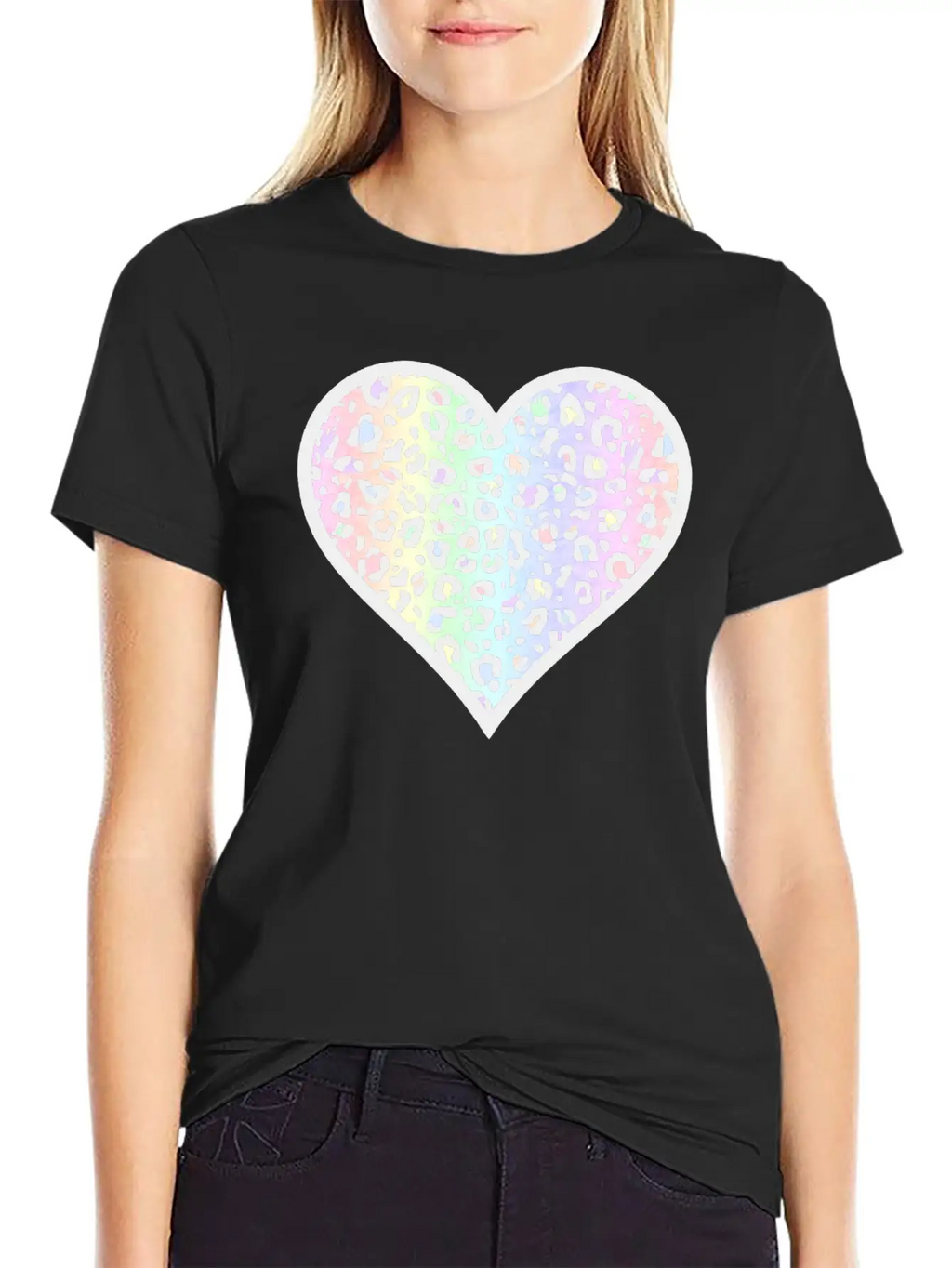 Gray And Pastel Leopard Print Heart Design Timeless Short Sleeve Tee – Comfy And Minimalist Design