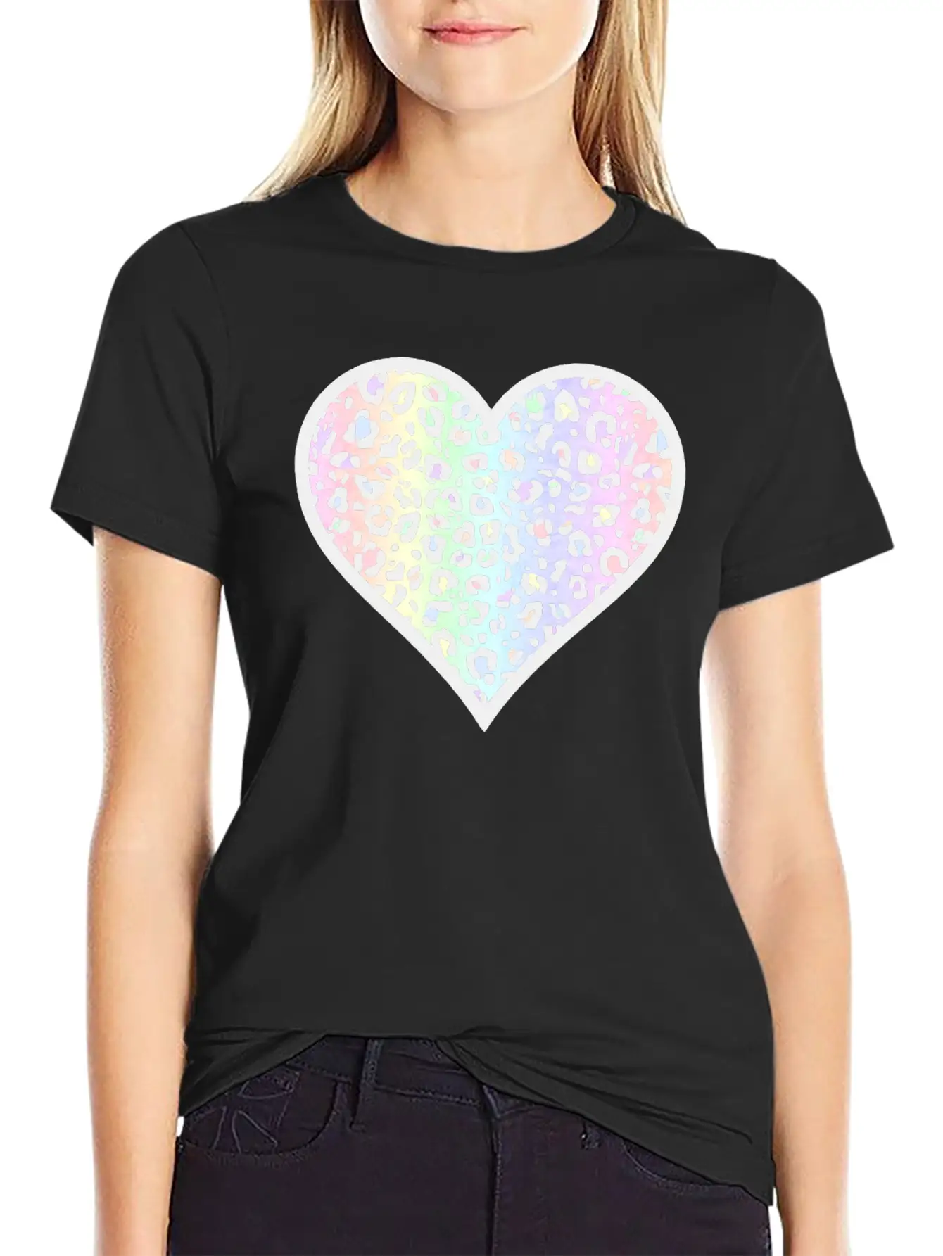 Gray And Pastel Leopard Print Heart Design Timeless Short Sleeve Tee – Comfy And Minimalist Design