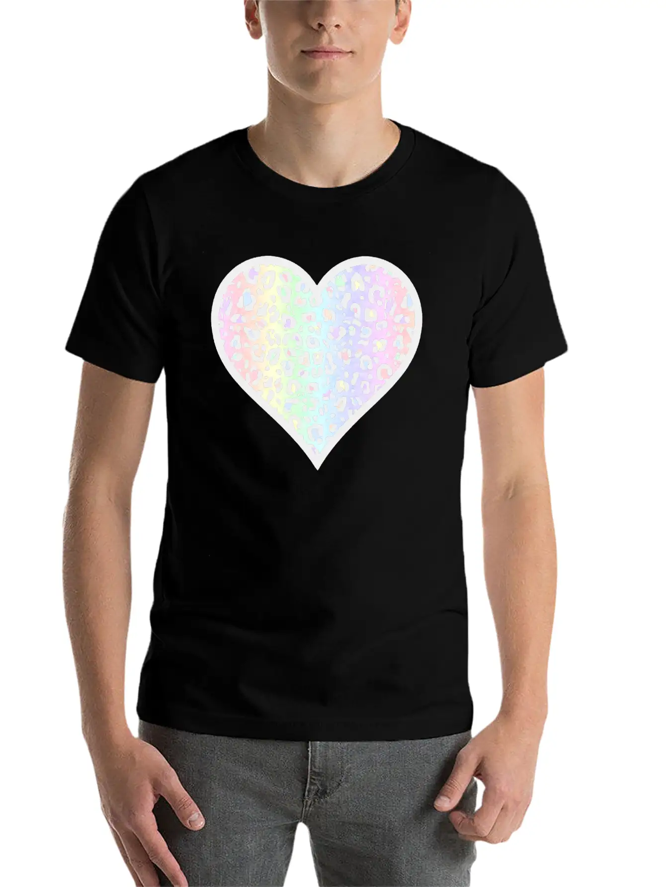 Gray And Pastel Leopard Print Heart Design Timeless Short Sleeve Tee – Comfy And Minimalist Design
