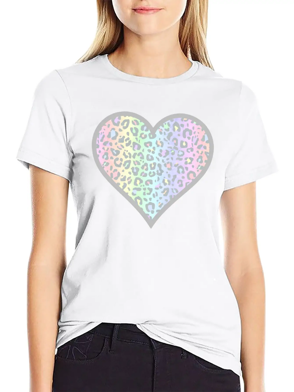 Gray And Pastel Leopard Print Heart Design Timeless Short Sleeve Tee – Comfy And Minimalist Design