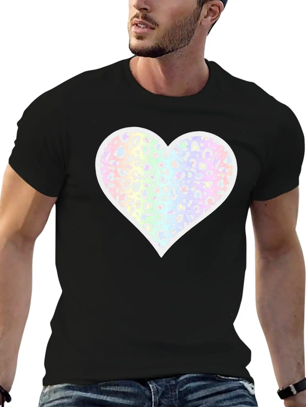 Gray And Pastel Leopard Print Heart Design Timeless Short Sleeve Tee – Comfy And Minimalist Design