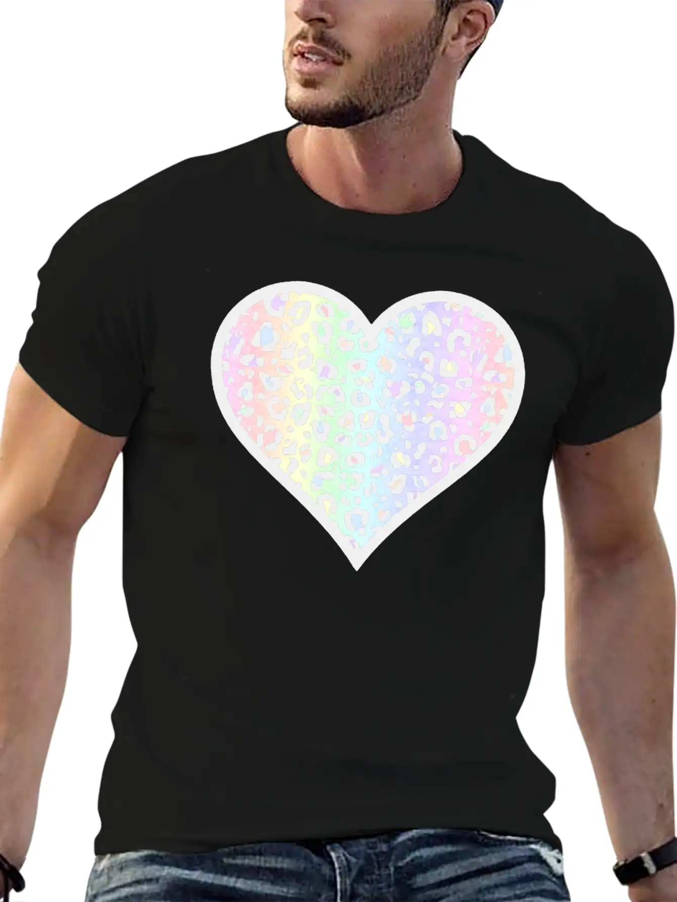 Gray And Pastel Leopard Print Heart Design Timeless Short Sleeve Tee – Comfy And Minimalist Design
