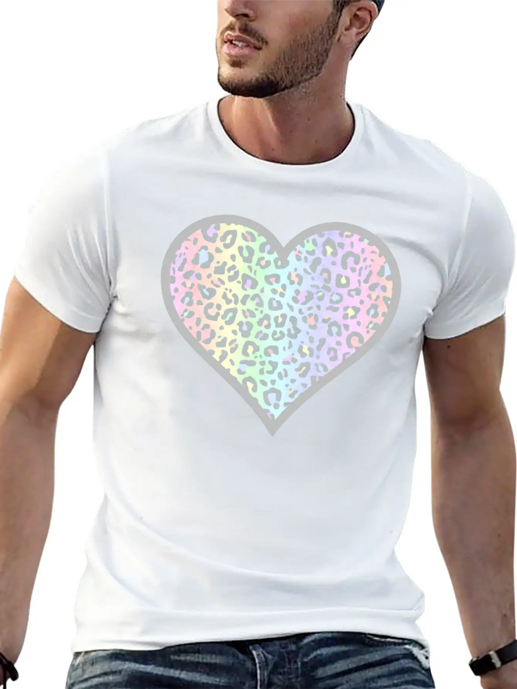 Gray And Pastel Leopard Print Heart Design Timeless Short Sleeve Tee – Comfy And Minimalist Design