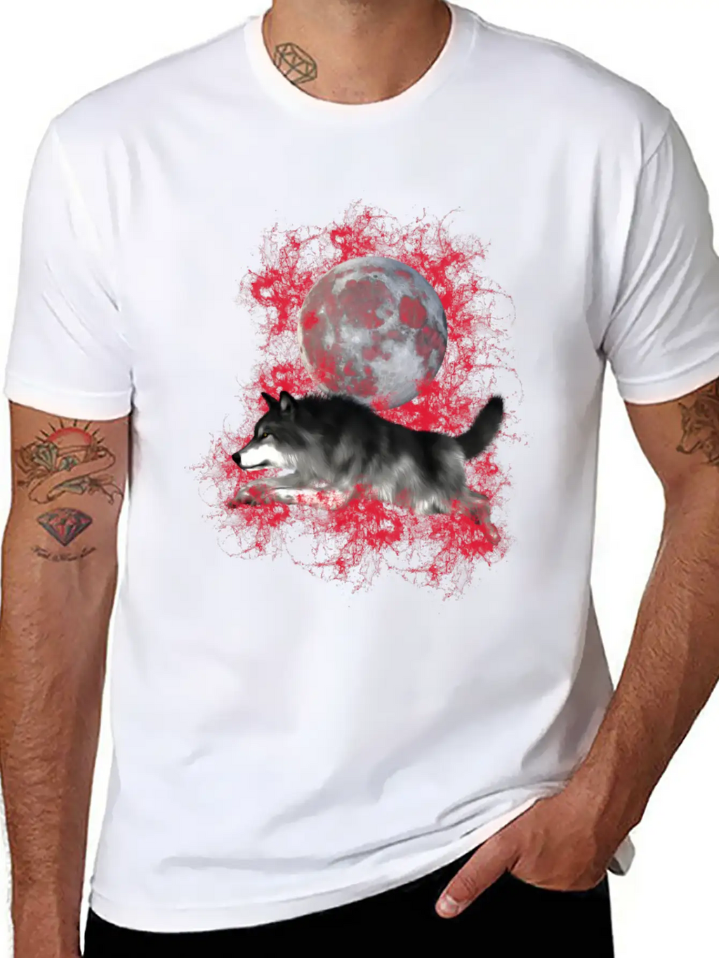 Grey Wolf, Red Splashes Classic Cotton Tee – Unisex Comfort For Any Season