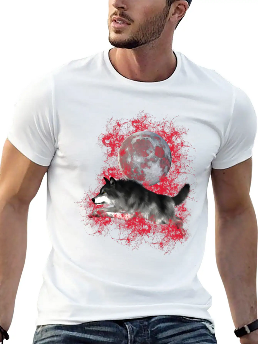 Grey Wolf, Red Splashes Classic Cotton Tee – Unisex Comfort For Any Season