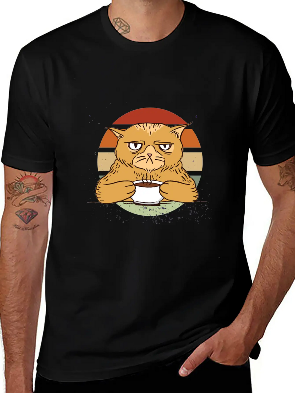 Grumpy Coffee Cat Vintage Sunset Breathable Soft Cotton T-Shirt – Timeless Casual Look