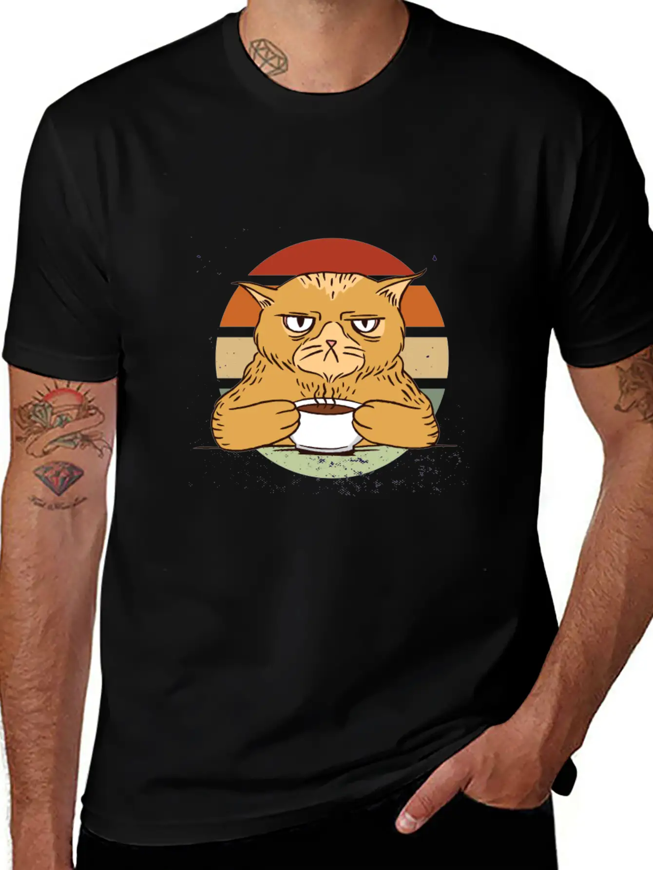 Grumpy Coffee Cat Vintage Sunset Breathable Soft Cotton T-Shirt – Timeless Casual Look