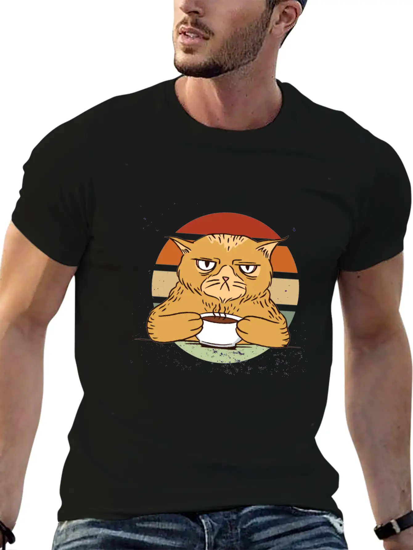 Grumpy Coffee Cat Vintage Sunset Breathable Soft Cotton T-Shirt – Timeless Casual Look