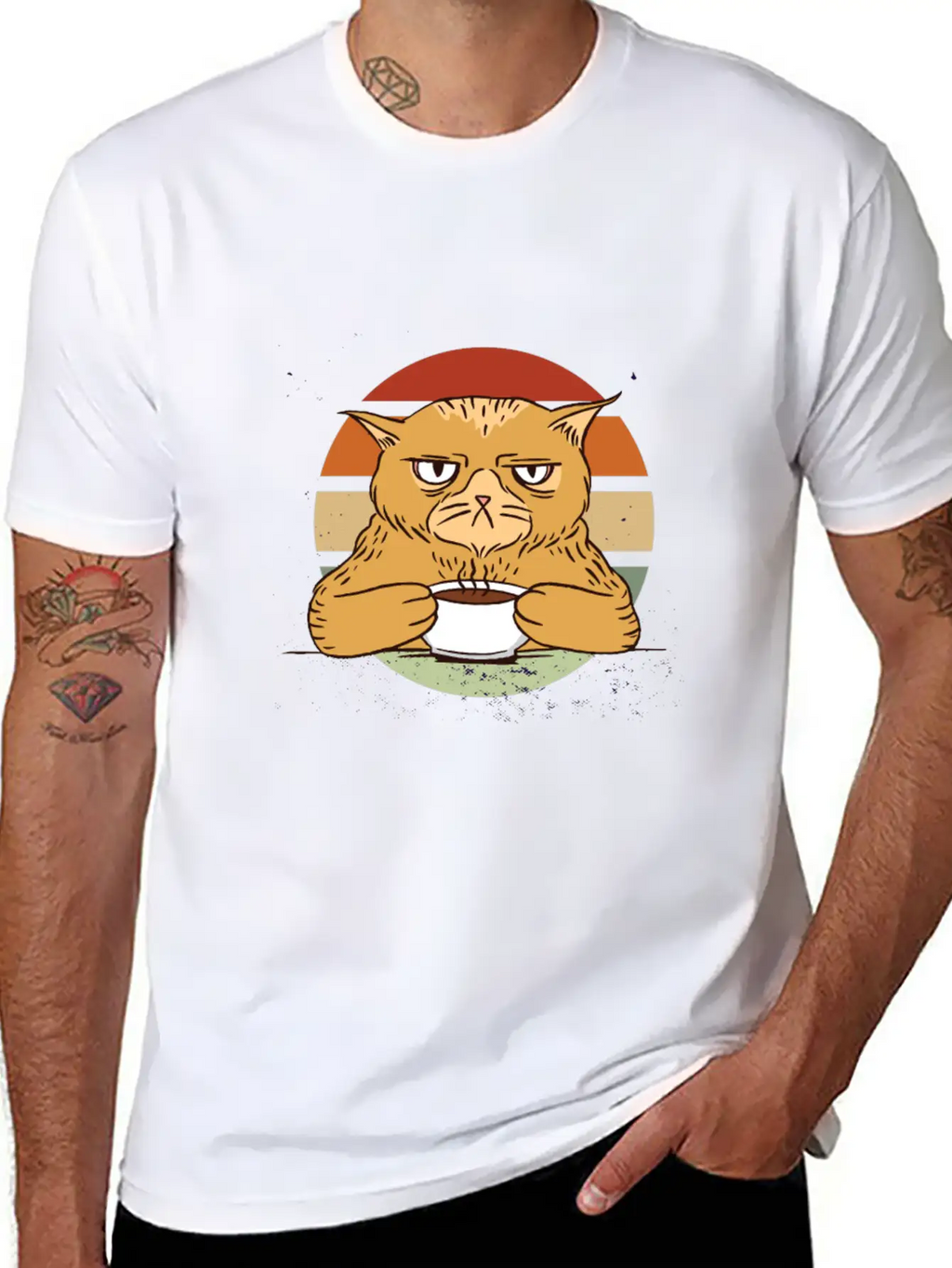 Grumpy Coffee Cat Vintage Sunset Breathable Soft Cotton T-Shirt – Timeless Casual Look