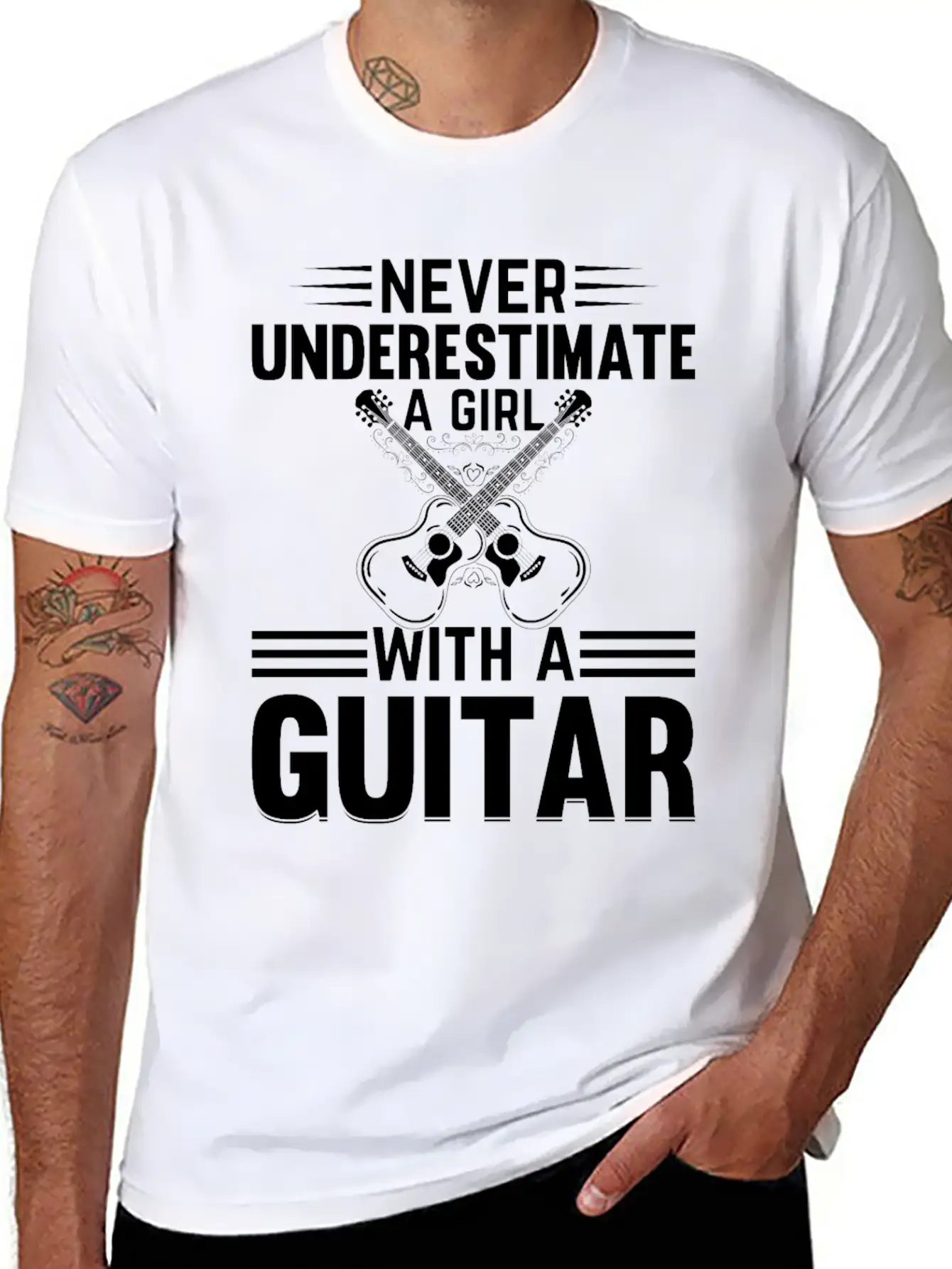 Guitar Player - Never Underestimate A Girl With A Basic Graphic T-Shirt – Daily Comfort In Soft Cotton