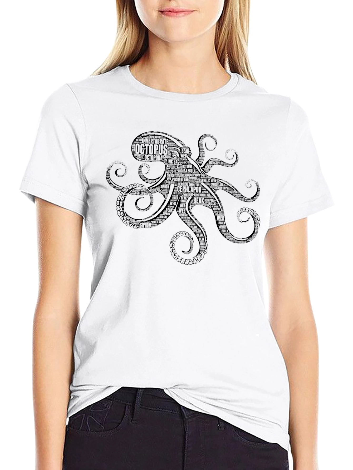 Octopus Word Art Graphic T-Shirt - Black