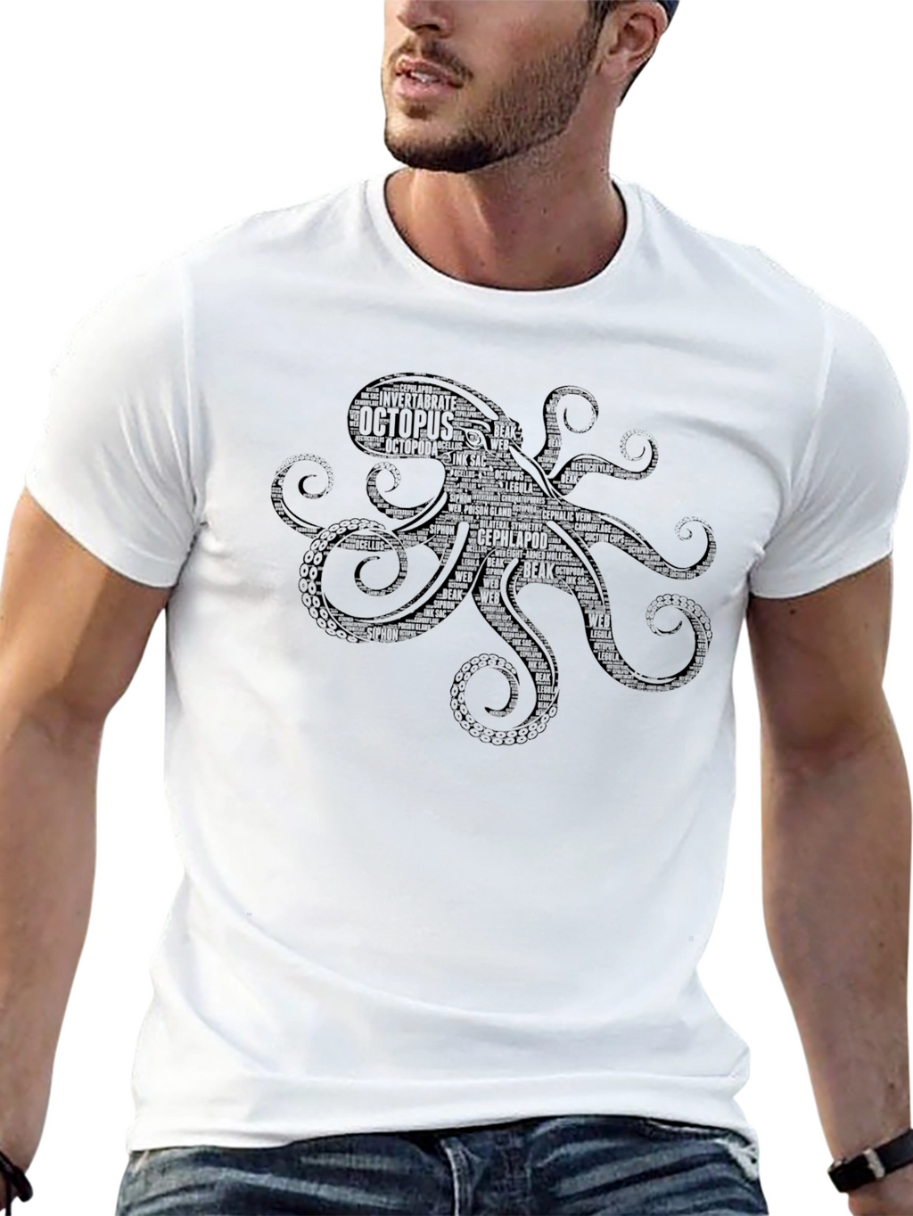 Octopus Word Art Graphic T-Shirt - Black