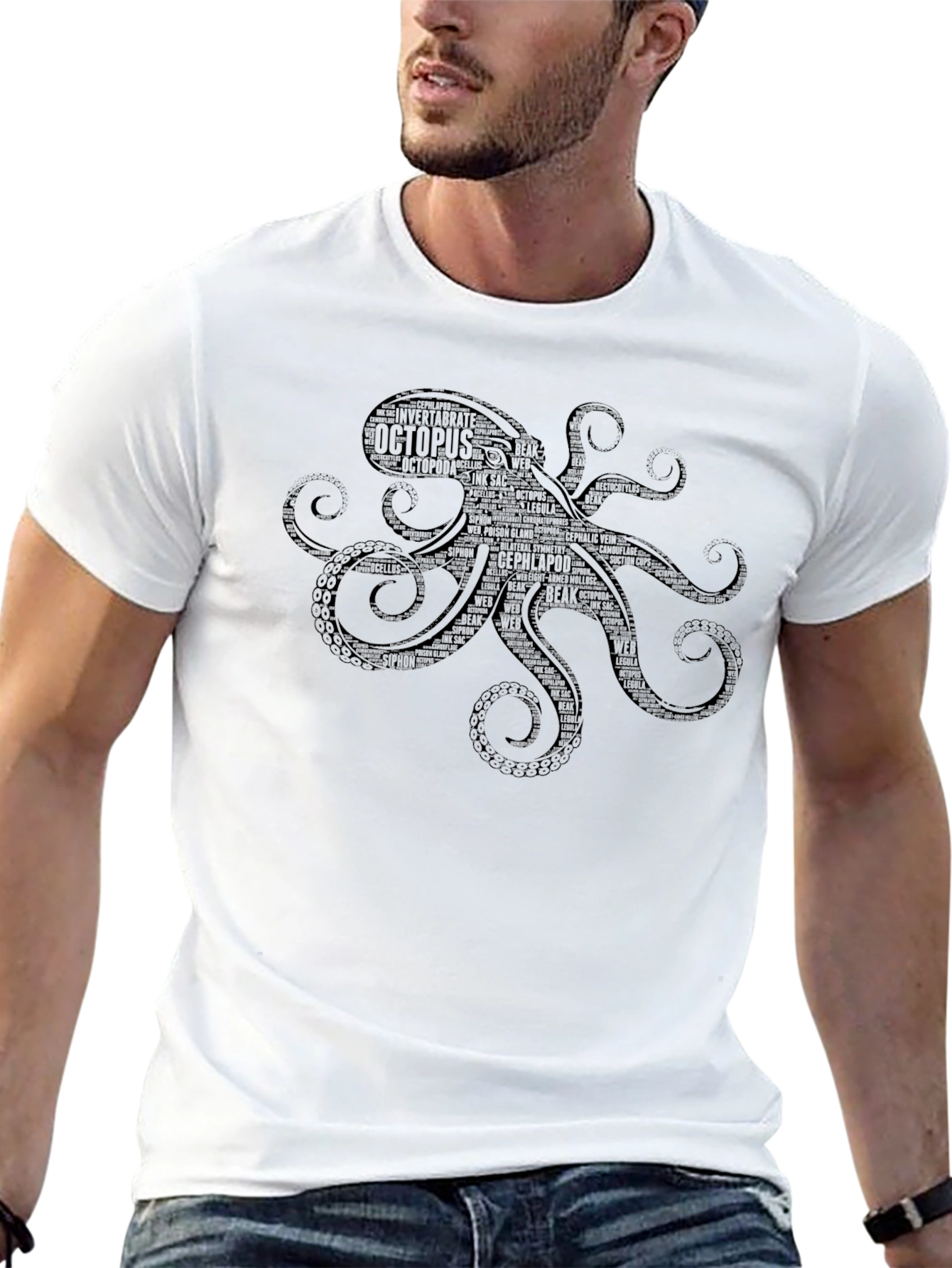 Octopus Word Art Graphic T-Shirt - Black