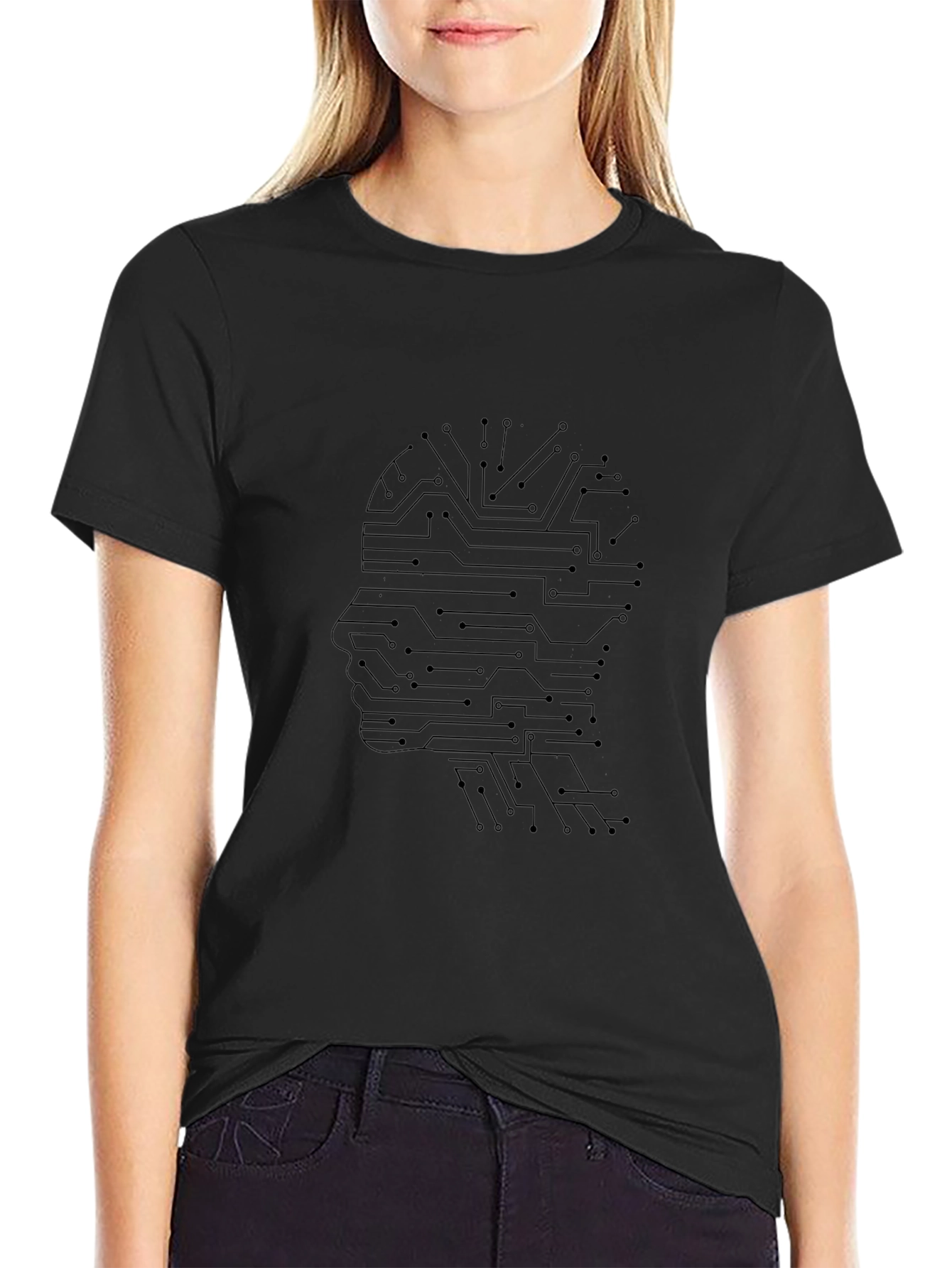 AI Circuit Head Graphic Tee - Black Cotton T-Shirt