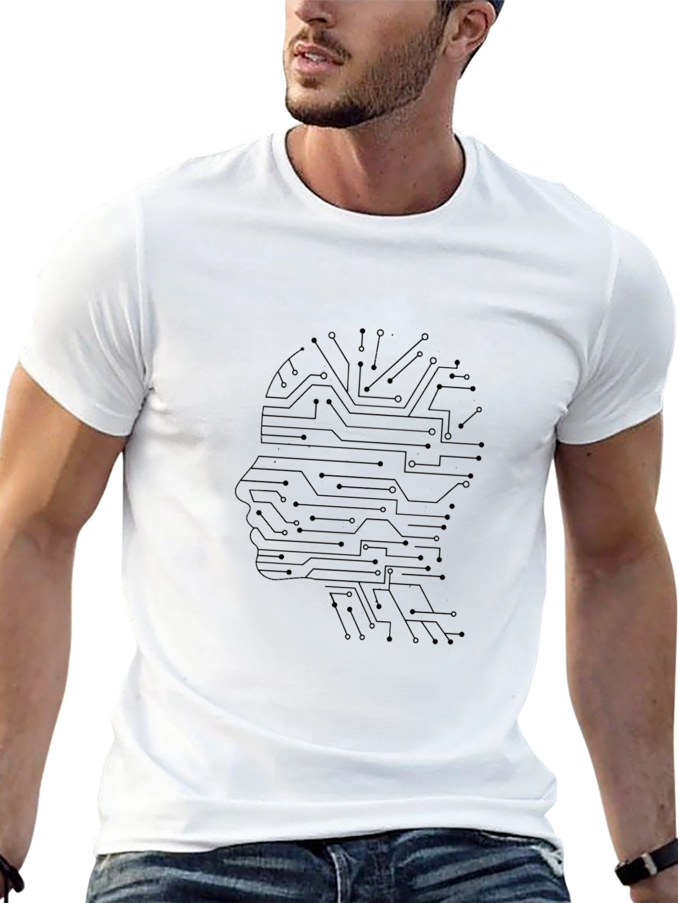 AI Circuit Head Graphic Tee - Black Cotton T-Shirt