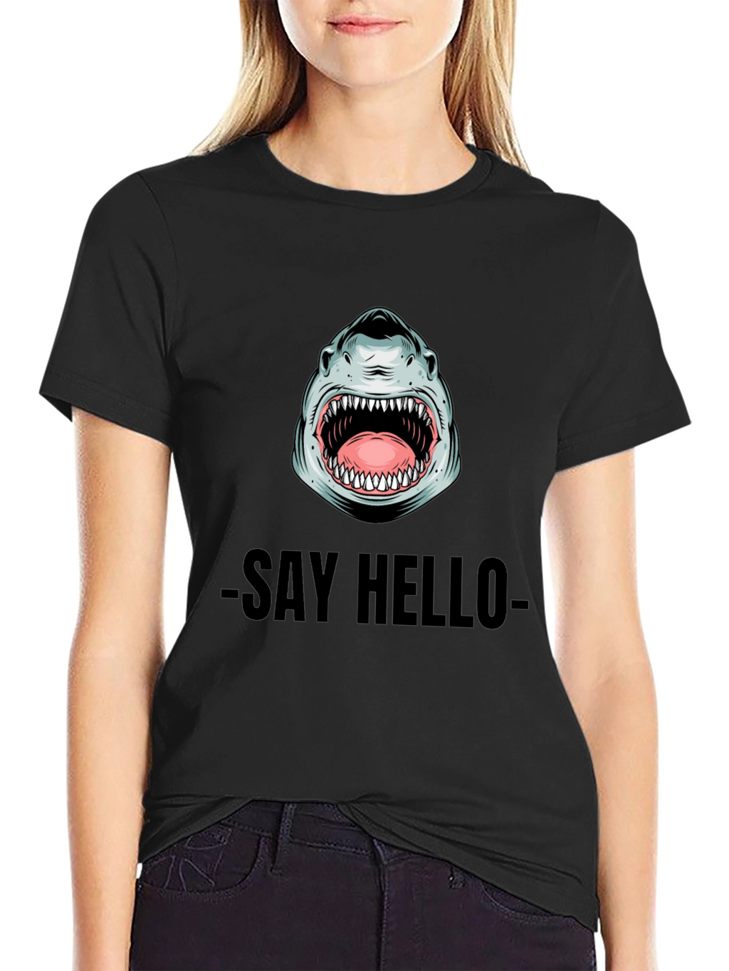 Shark Say Hello Graphic Tee - Black Cotton T-Shirt