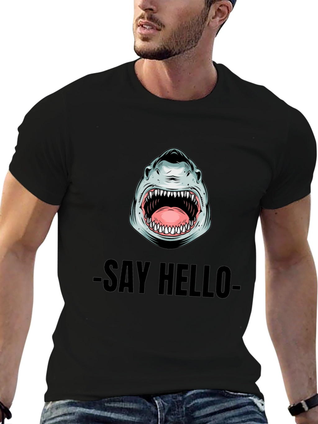 Shark Say Hello Graphic Tee - Black Cotton T-Shirt