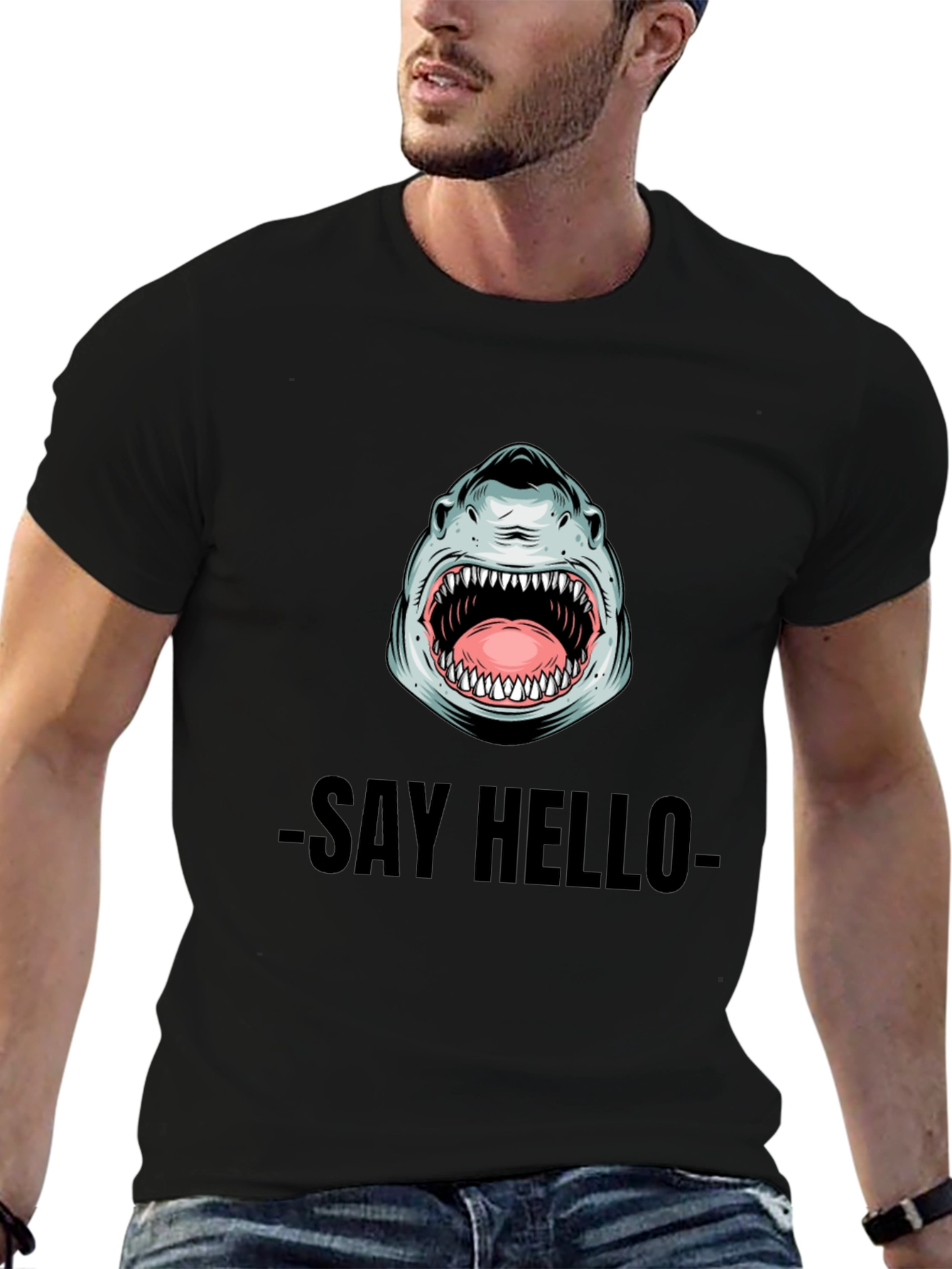 Shark Say Hello Graphic Tee - Black Cotton T-Shirt