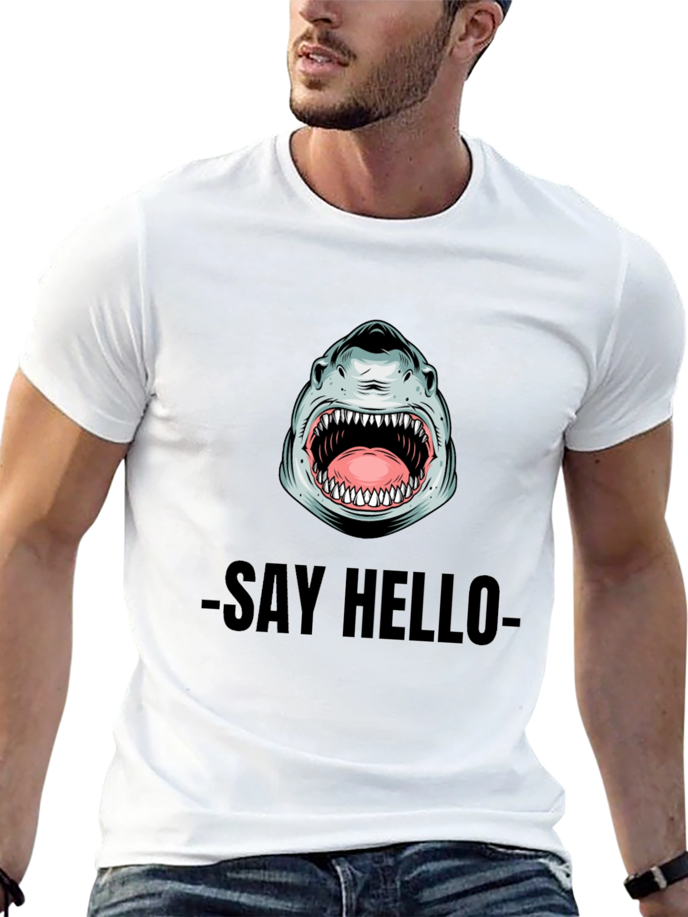 Shark Say Hello Graphic Tee - Black Cotton T-Shirt