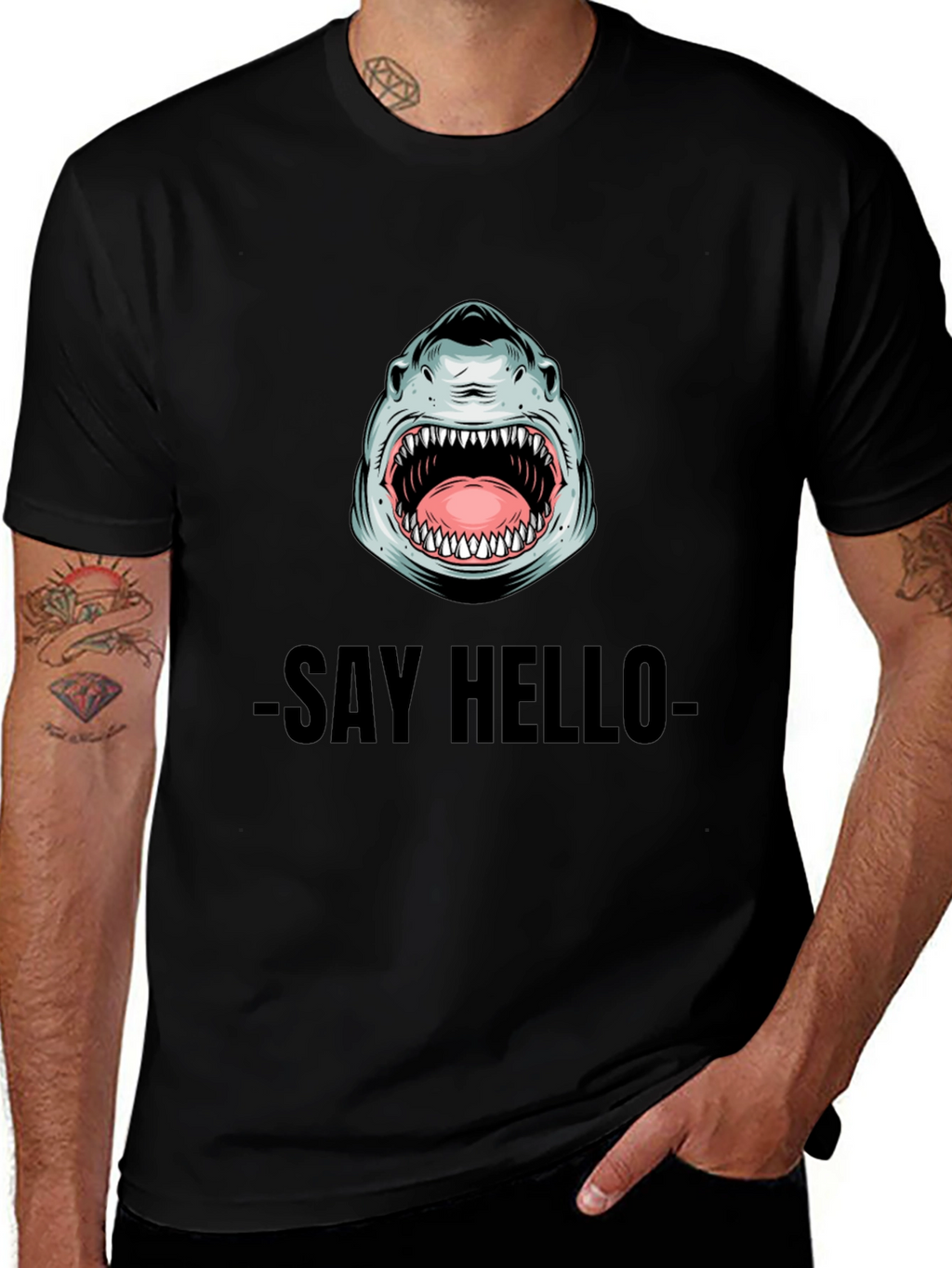 Shark Say Hello Graphic Tee - Black Cotton T-Shirt