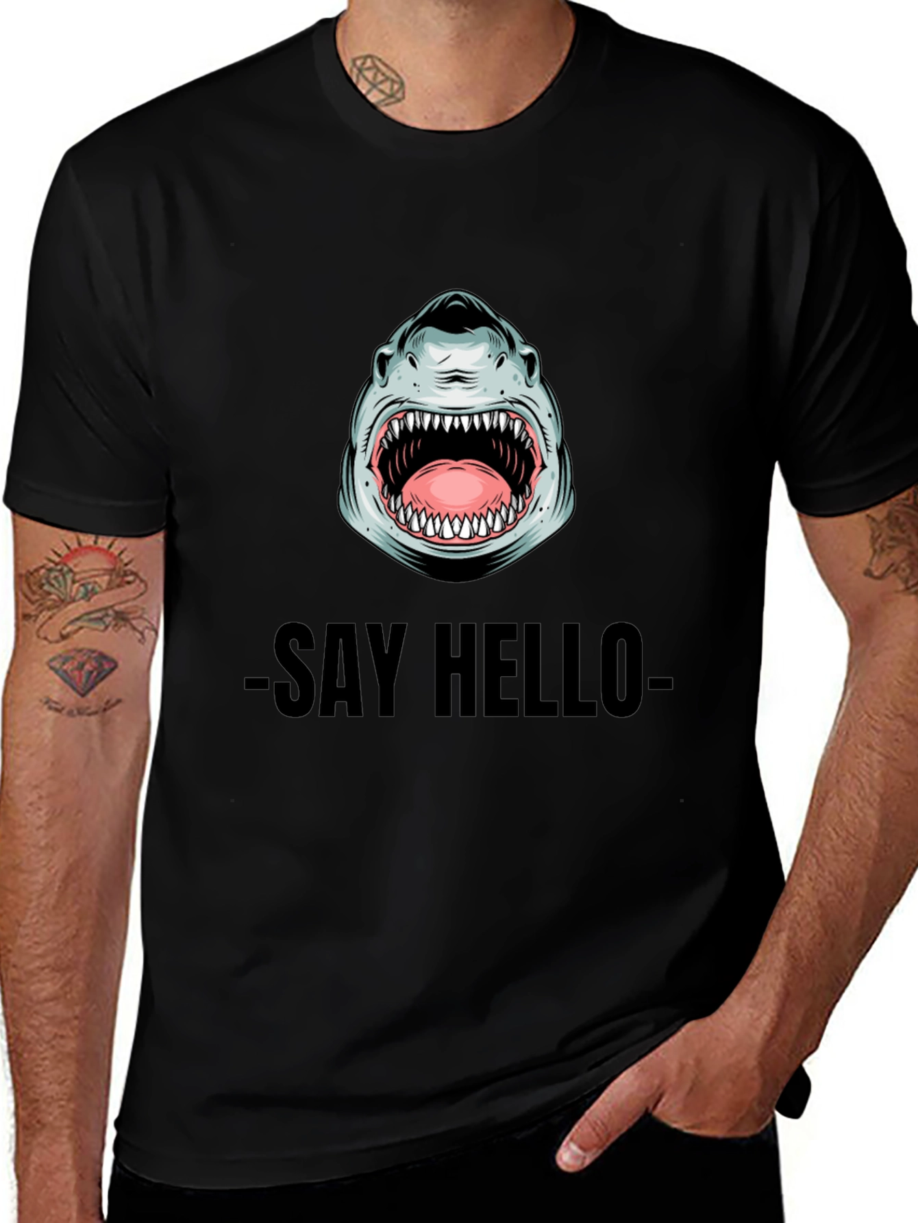 Shark Say Hello Graphic Tee - Black Cotton T-Shirt
