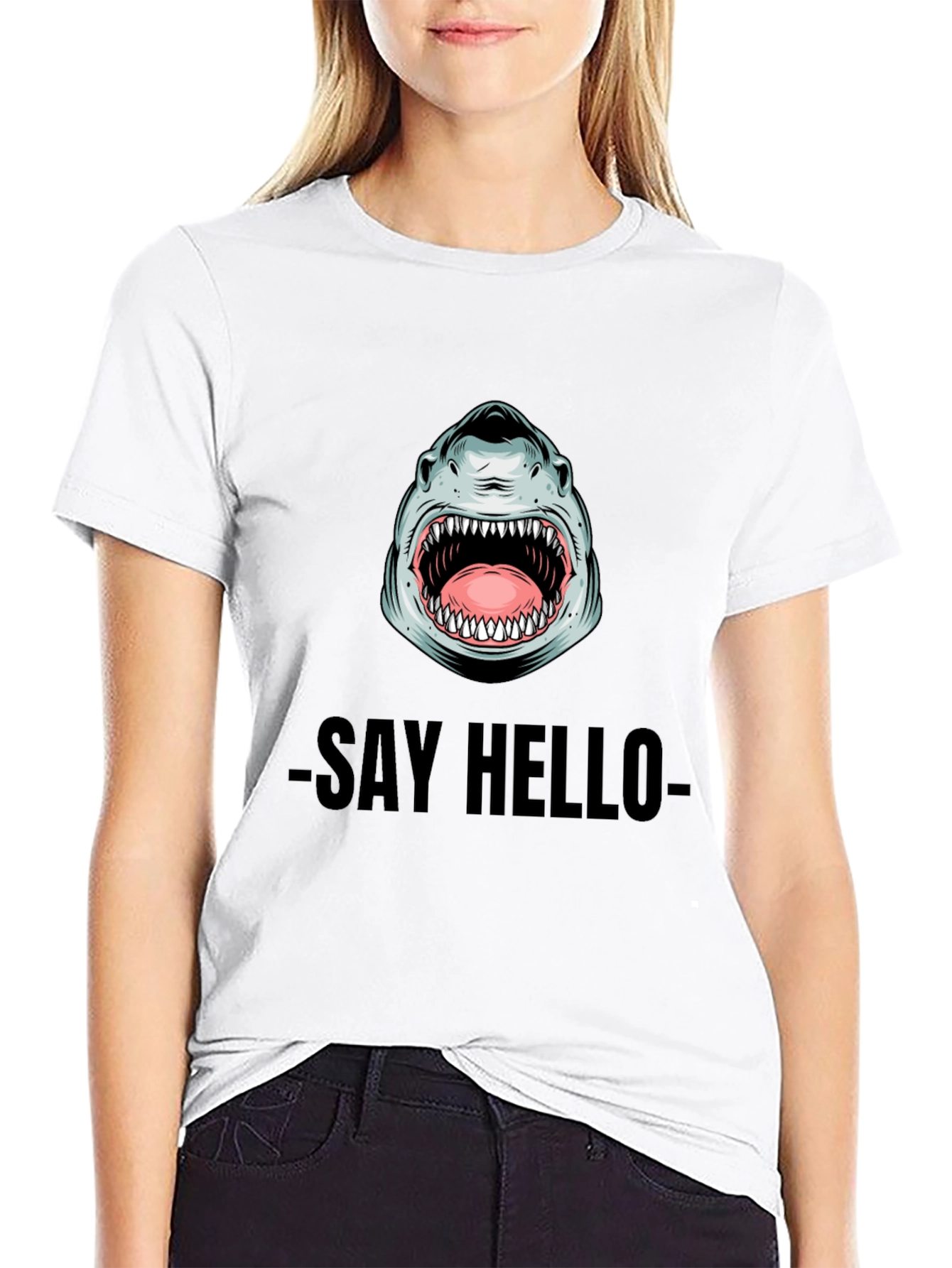 Shark Say Hello Graphic Tee - Black Cotton T-Shirt