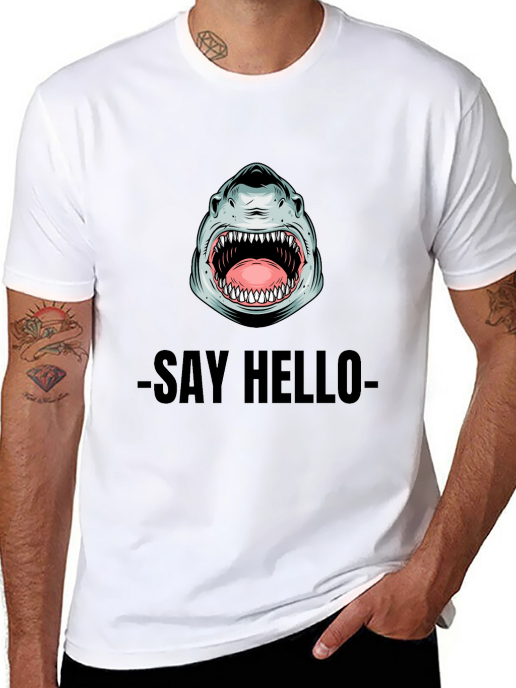 Shark Say Hello Graphic Tee - Black Cotton T-Shirt
