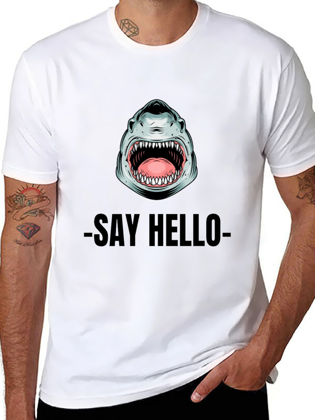 Shark Say Hello Graphic Tee - Black Cotton T-Shirt