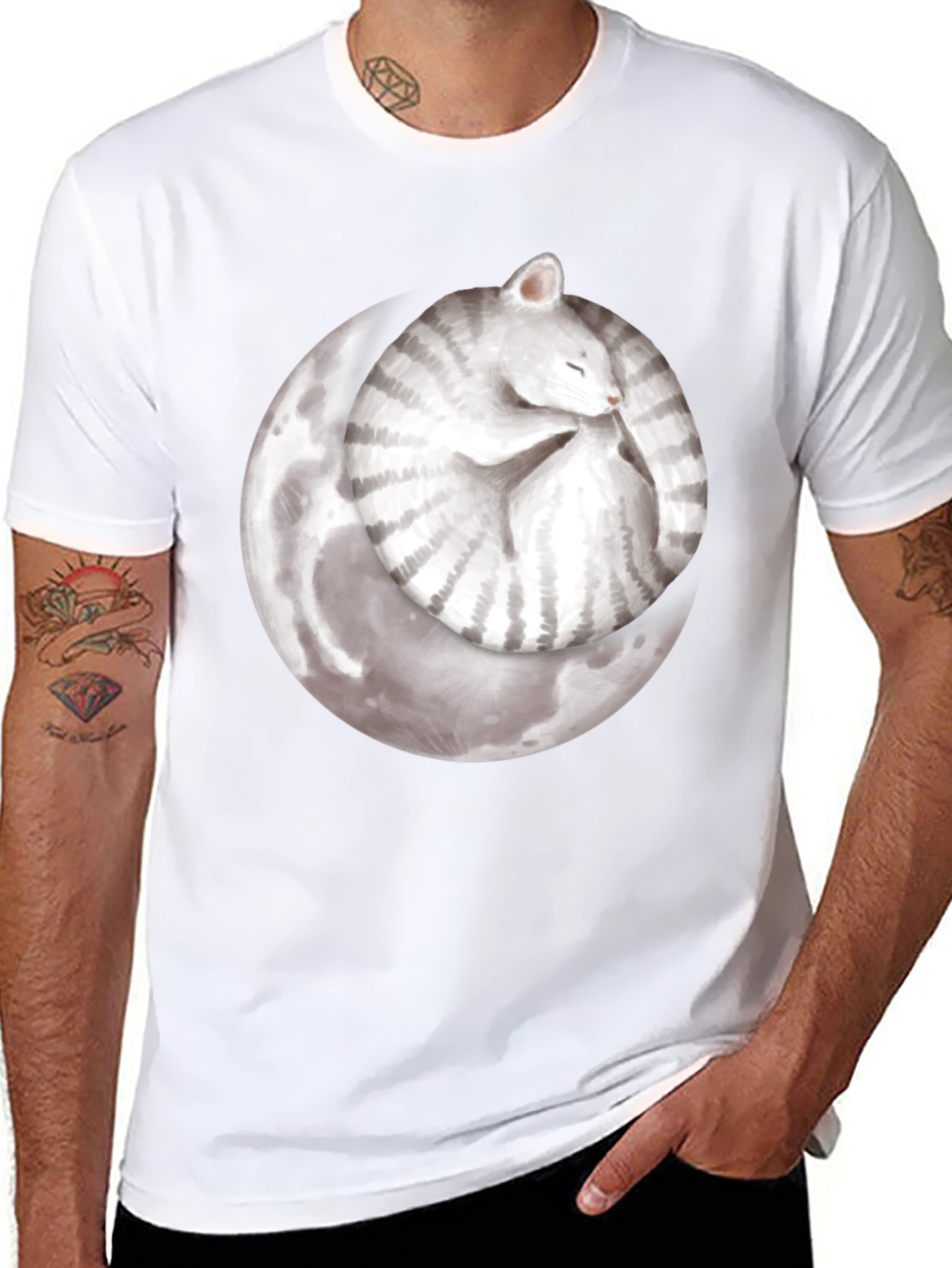 Moon Cat Black T-Shirt - Sleepy Celestial Kitten Tee
