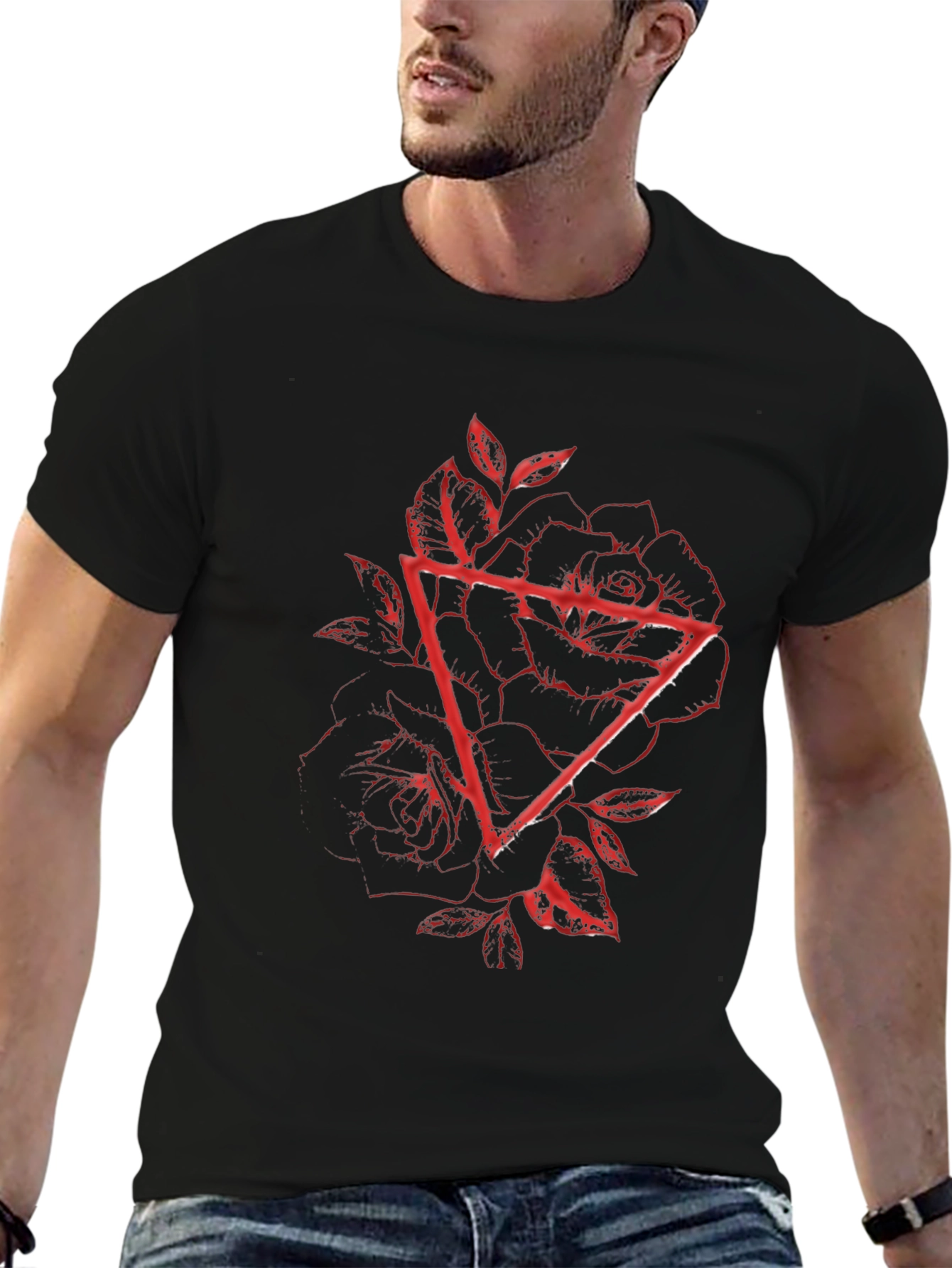 Geometric Rose Graphic Tee - Black Cotton Blend