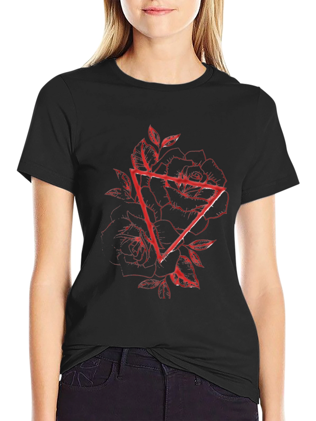 Geometric Rose Graphic Tee - Black Cotton Blend