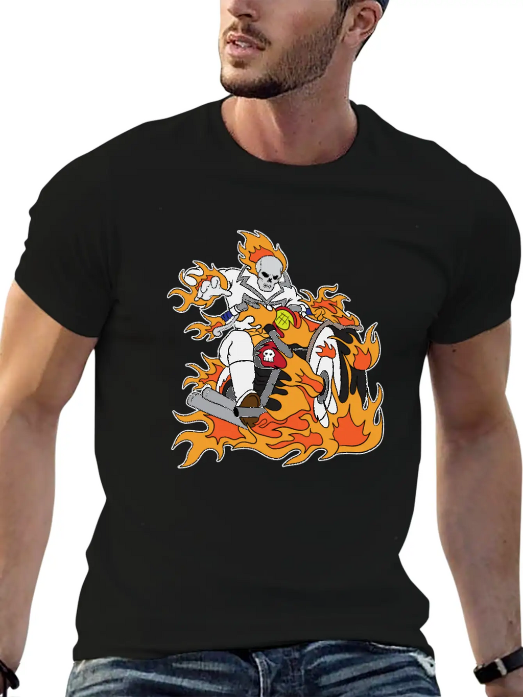 Halloween Ghostrider Motorbike Fire Skeleton Breathable Graphic T-Shirt – Perfect For Casual Days
