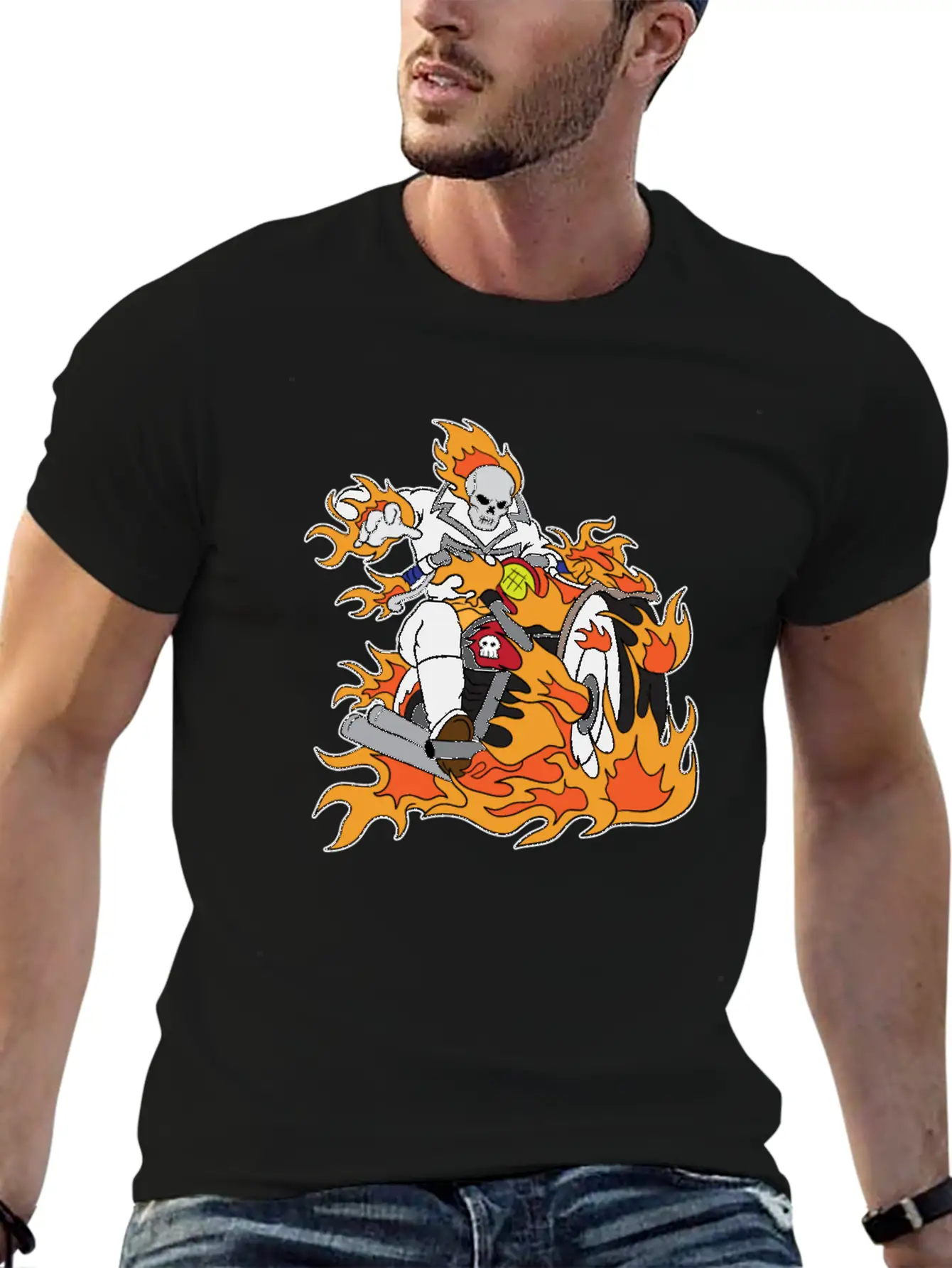 Halloween Ghostrider Motorbike Fire Skeleton Breathable Graphic T-Shirt – Perfect For Casual Days