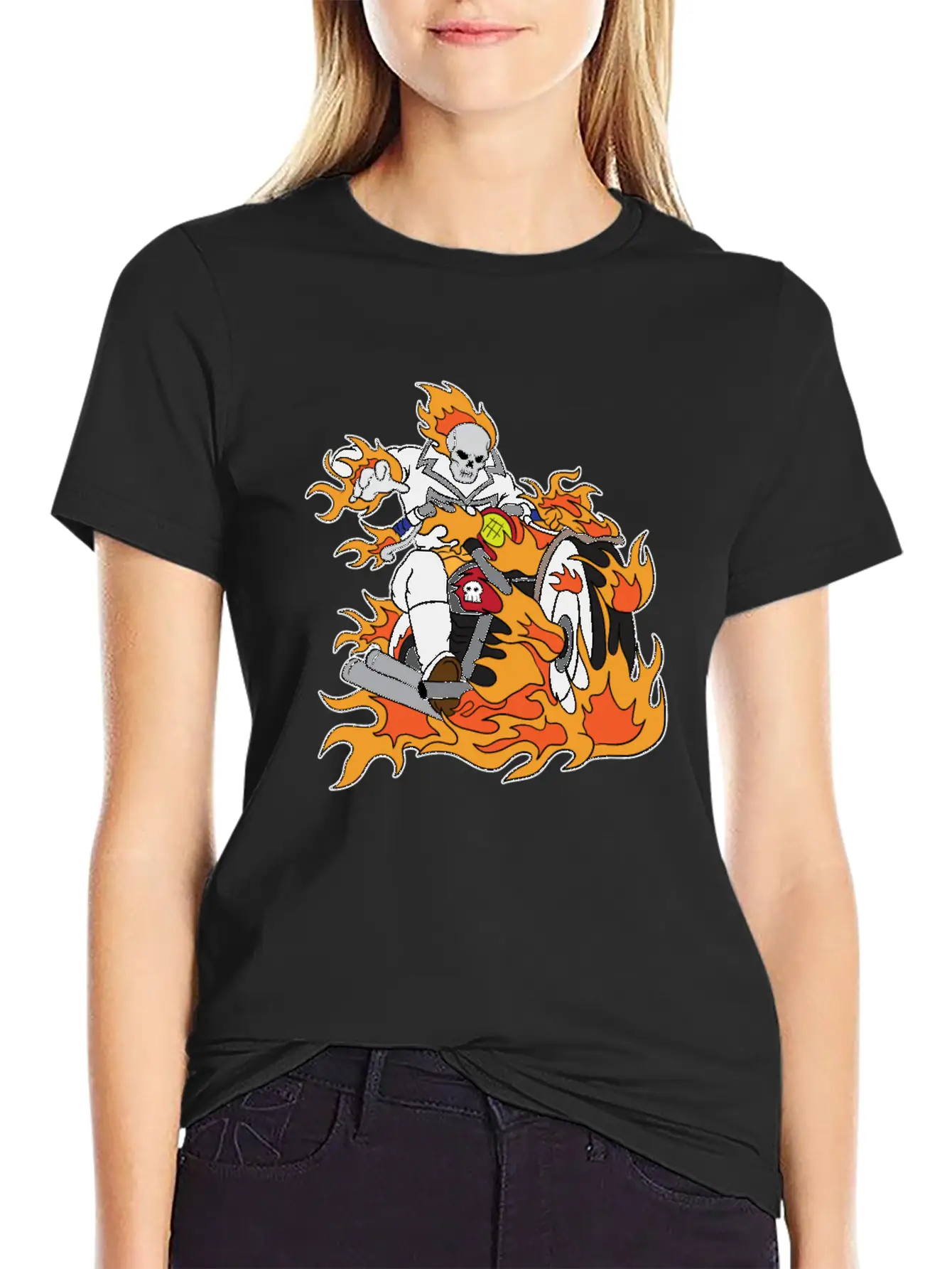 Halloween Ghostrider Motorbike Fire Skeleton Breathable Graphic T-Shirt – Perfect For Casual Days