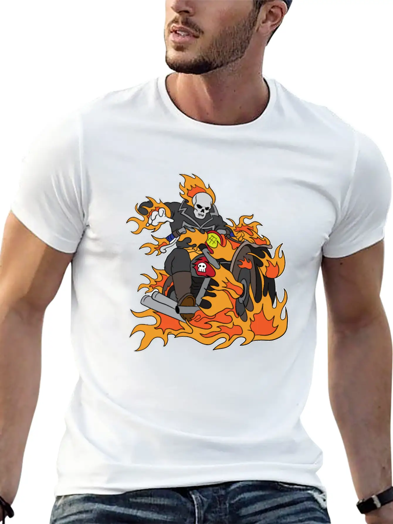 Halloween Ghostrider Motorbike Fire Skeleton Breathable Graphic T-Shirt – Perfect For Casual Days