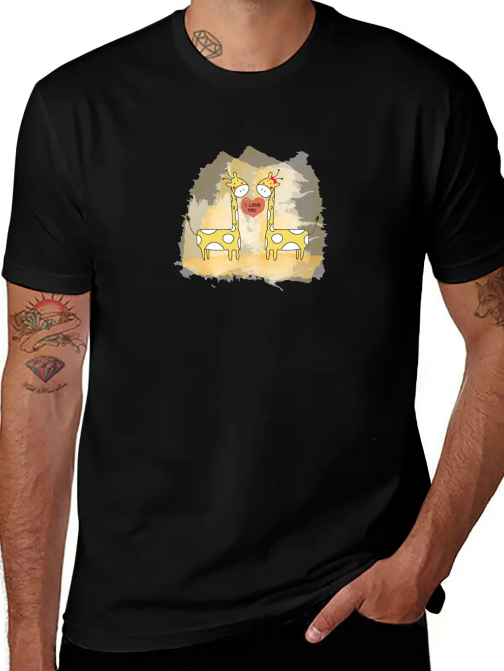 Hand Drawn Couple Cartoon Animals Giraffe I Love U Timeless Short Sleeve Tee – Comfy And Minimalist Design