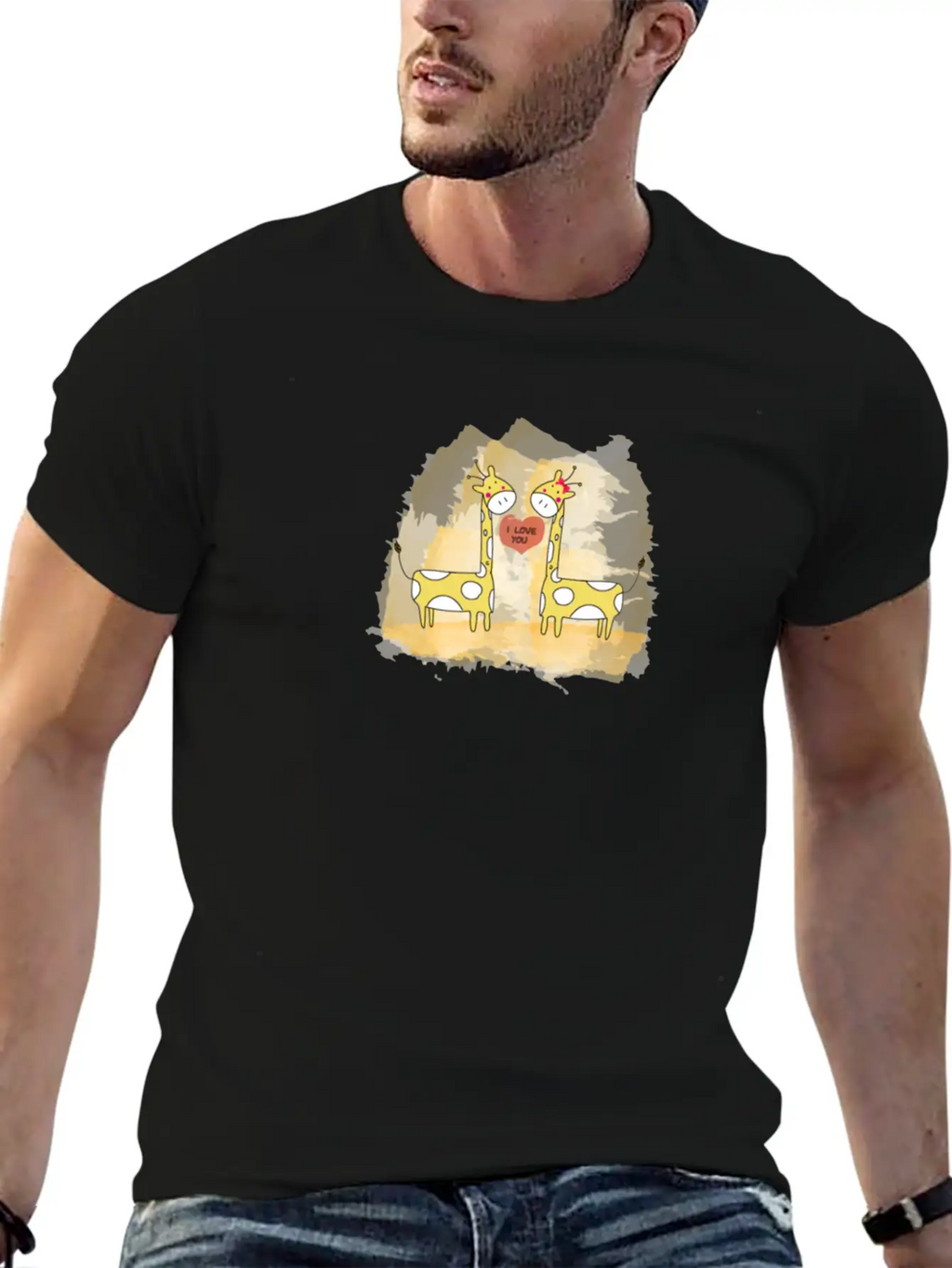 Hand Drawn Couple Cartoon Animals Giraffe I Love U Timeless Short Sleeve Tee – Comfy And Minimalist Design