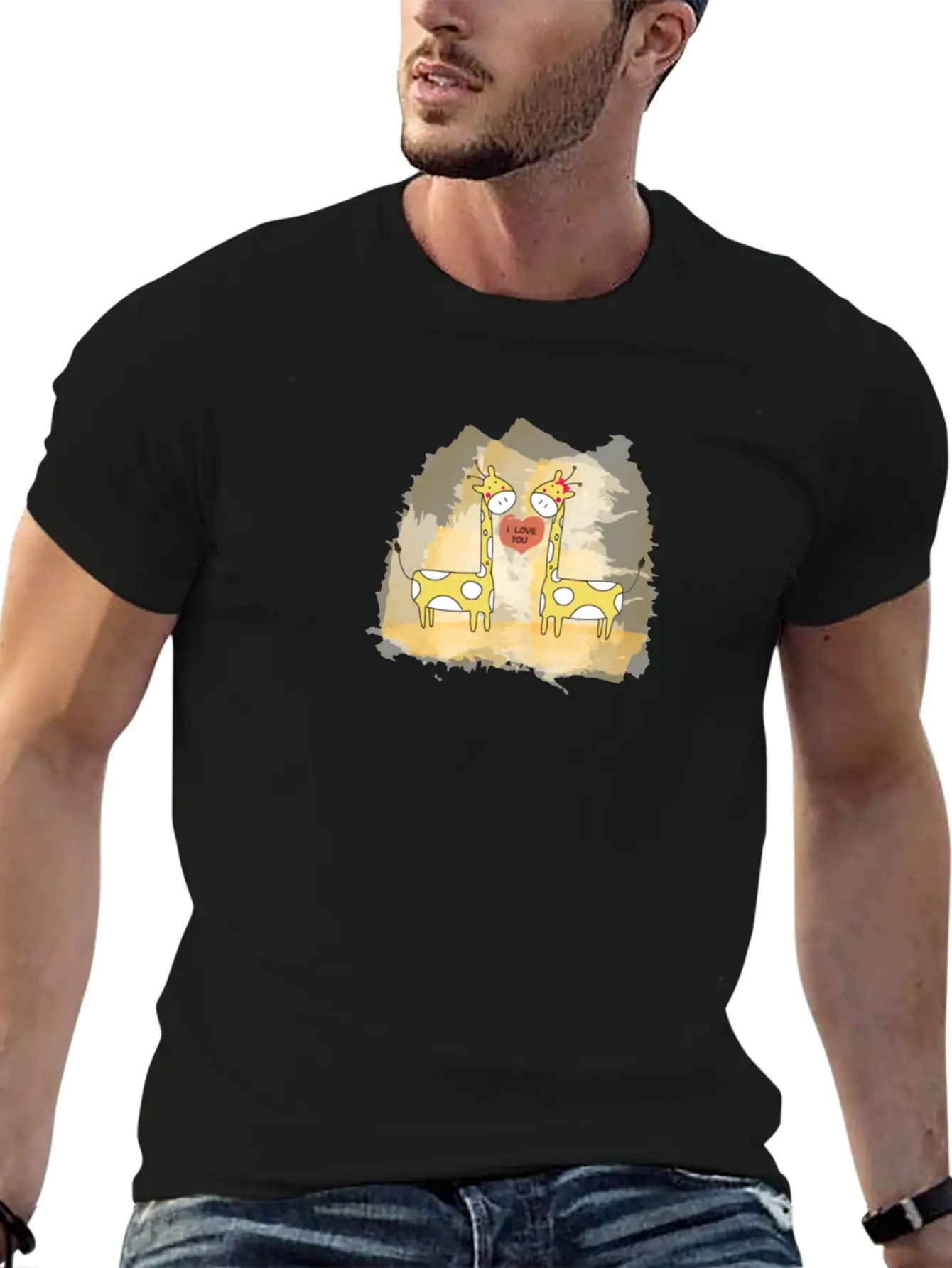 Hand Drawn Couple Cartoon Animals Giraffe I Love U Timeless Short Sleeve Tee – Comfy And Minimalist Design