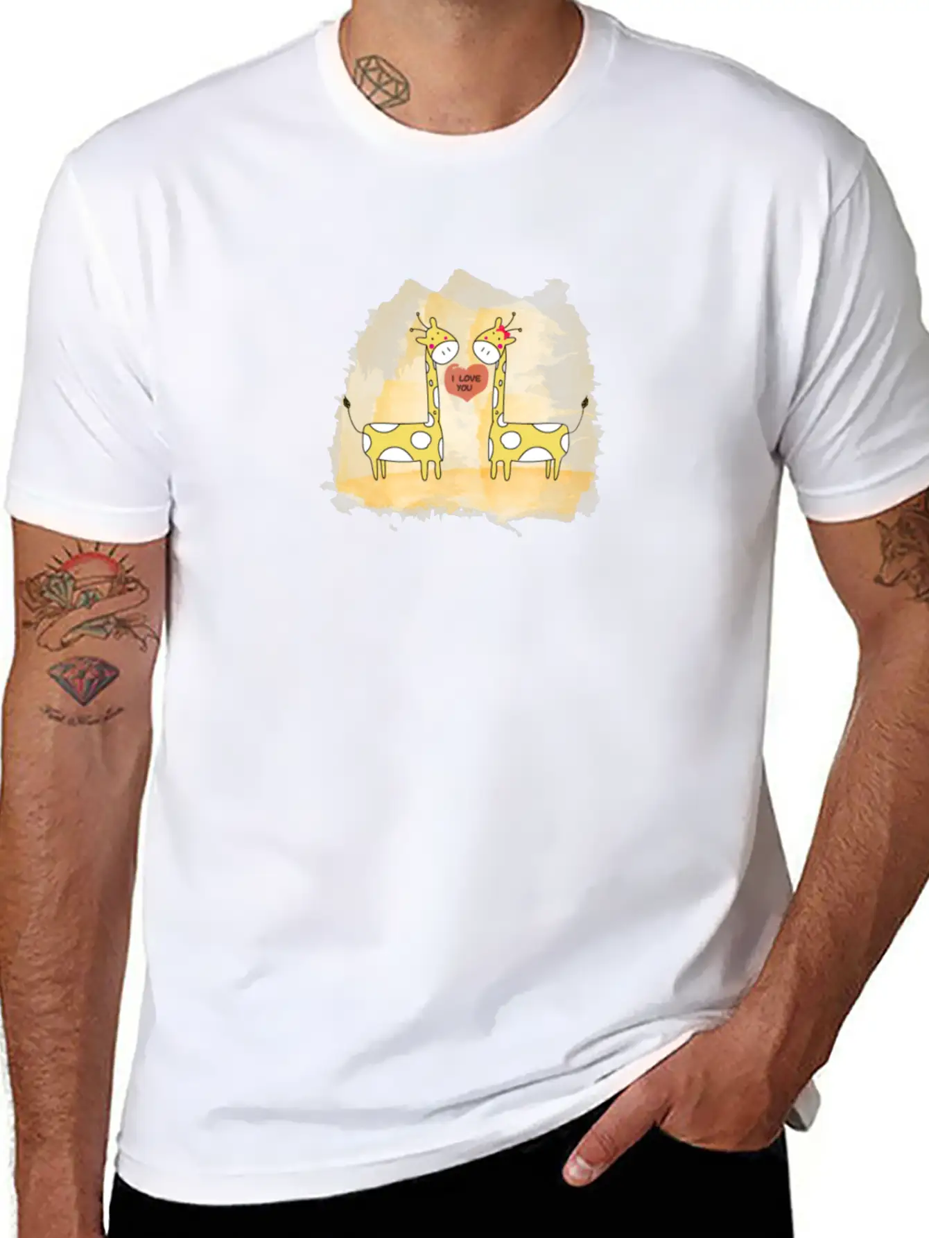 Hand Drawn Couple Cartoon Animals Giraffe I Love U Timeless Short Sleeve Tee – Comfy And Minimalist Design