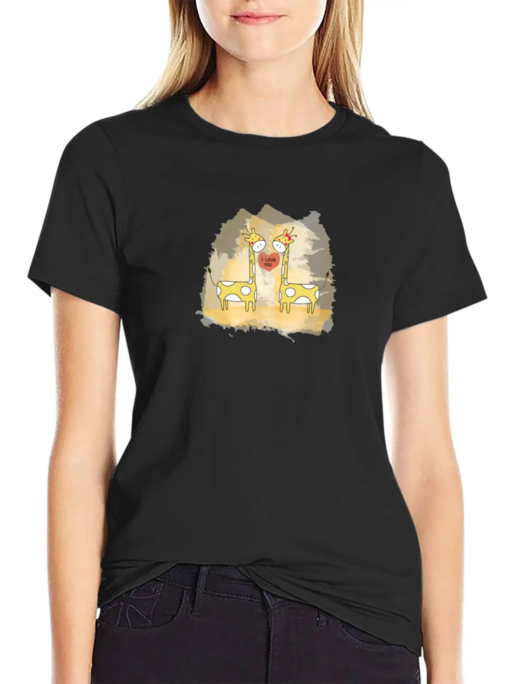 Hand Drawn Couple Cartoon Animals Giraffe I Love U Timeless Short Sleeve Tee – Comfy And Minimalist Design