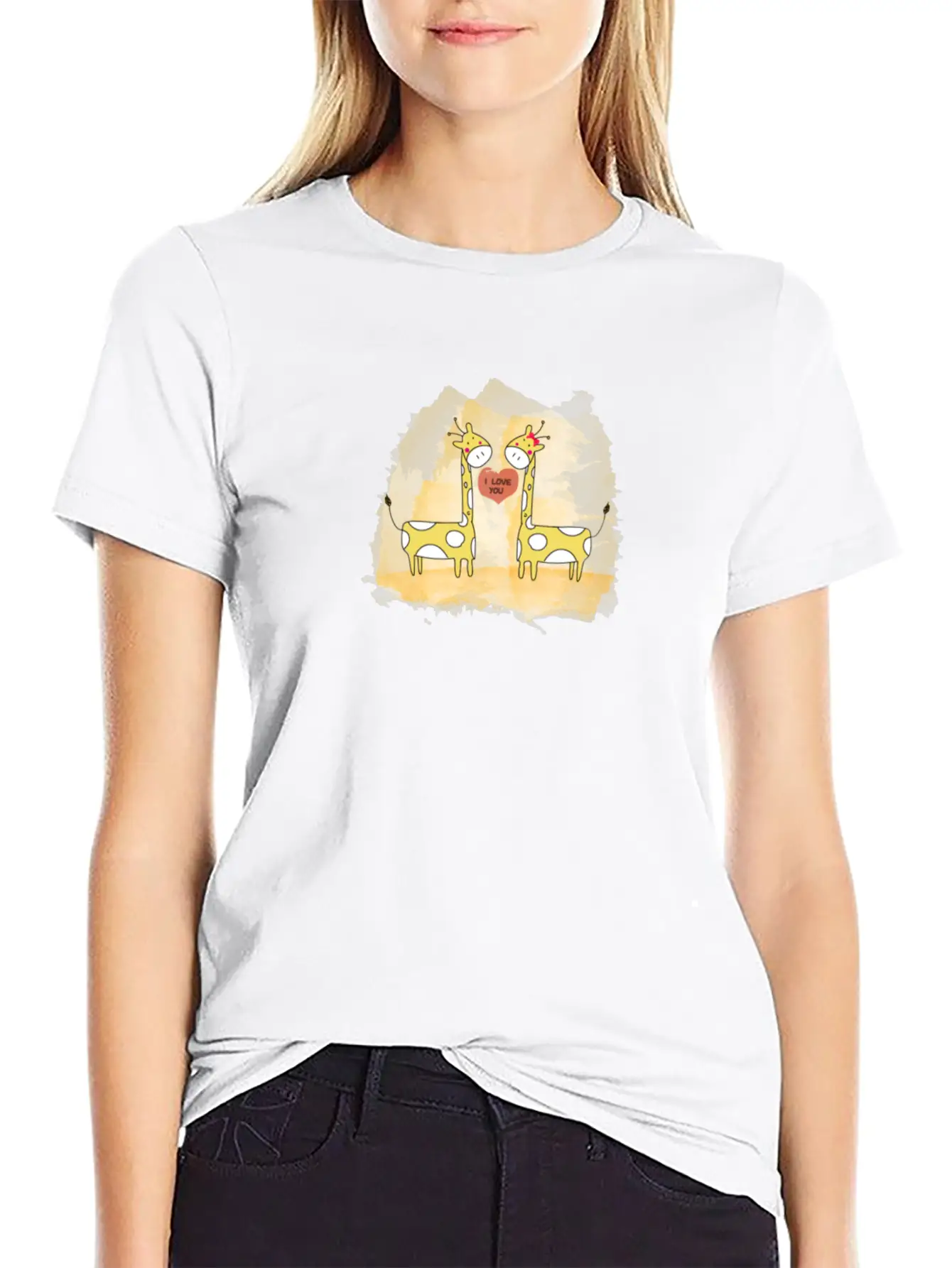Hand Drawn Couple Cartoon Animals Giraffe I Love U Timeless Short Sleeve Tee – Comfy And Minimalist Design